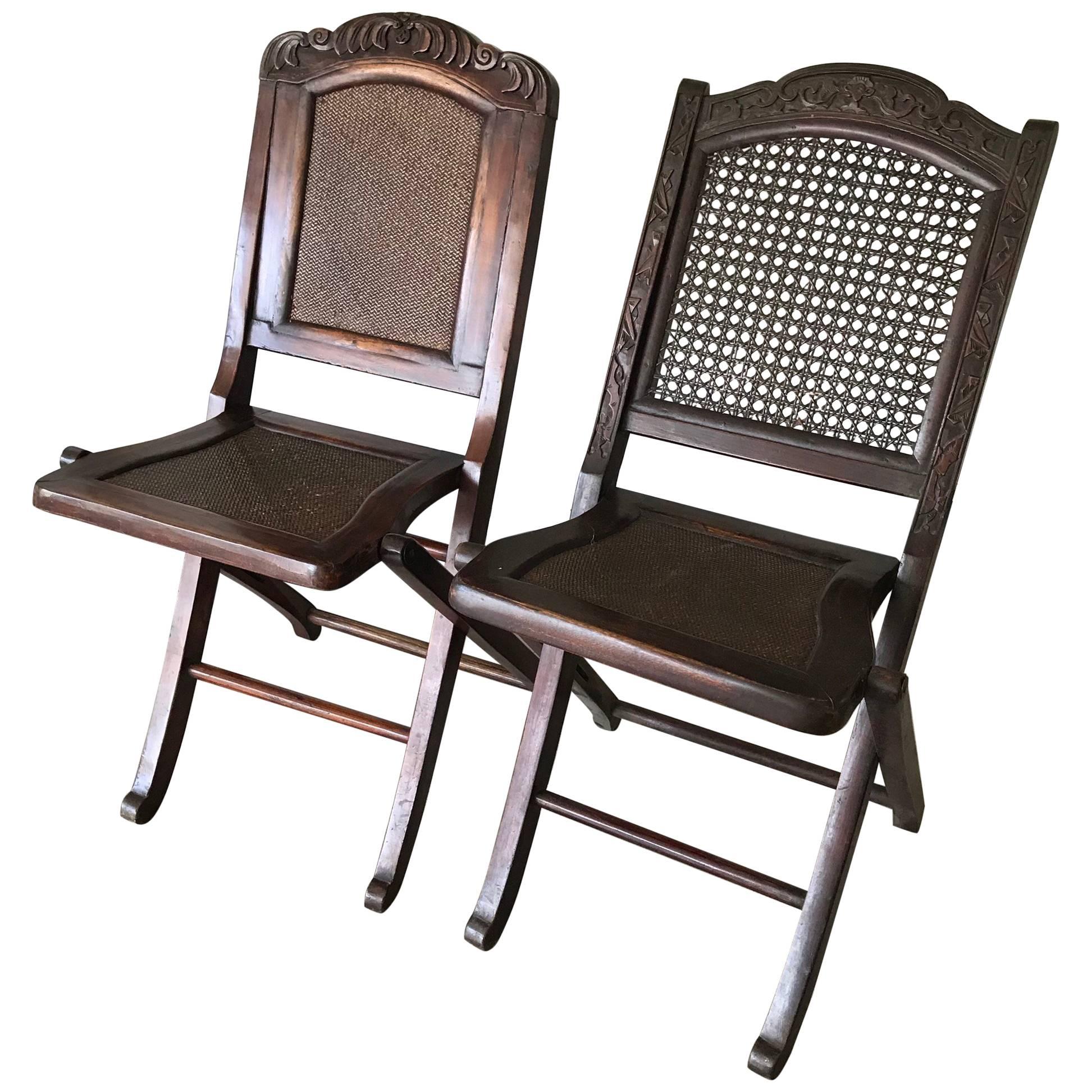 Antique Near Pair of Handcrafted, Chinese Folding Traveller’s Chairs W. Webbing