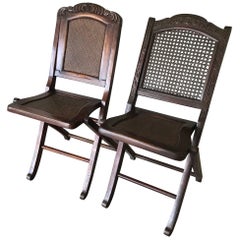 Antique Near Pair of Handcrafted, Chinese Folding Traveller’s Chairs W. Webbing