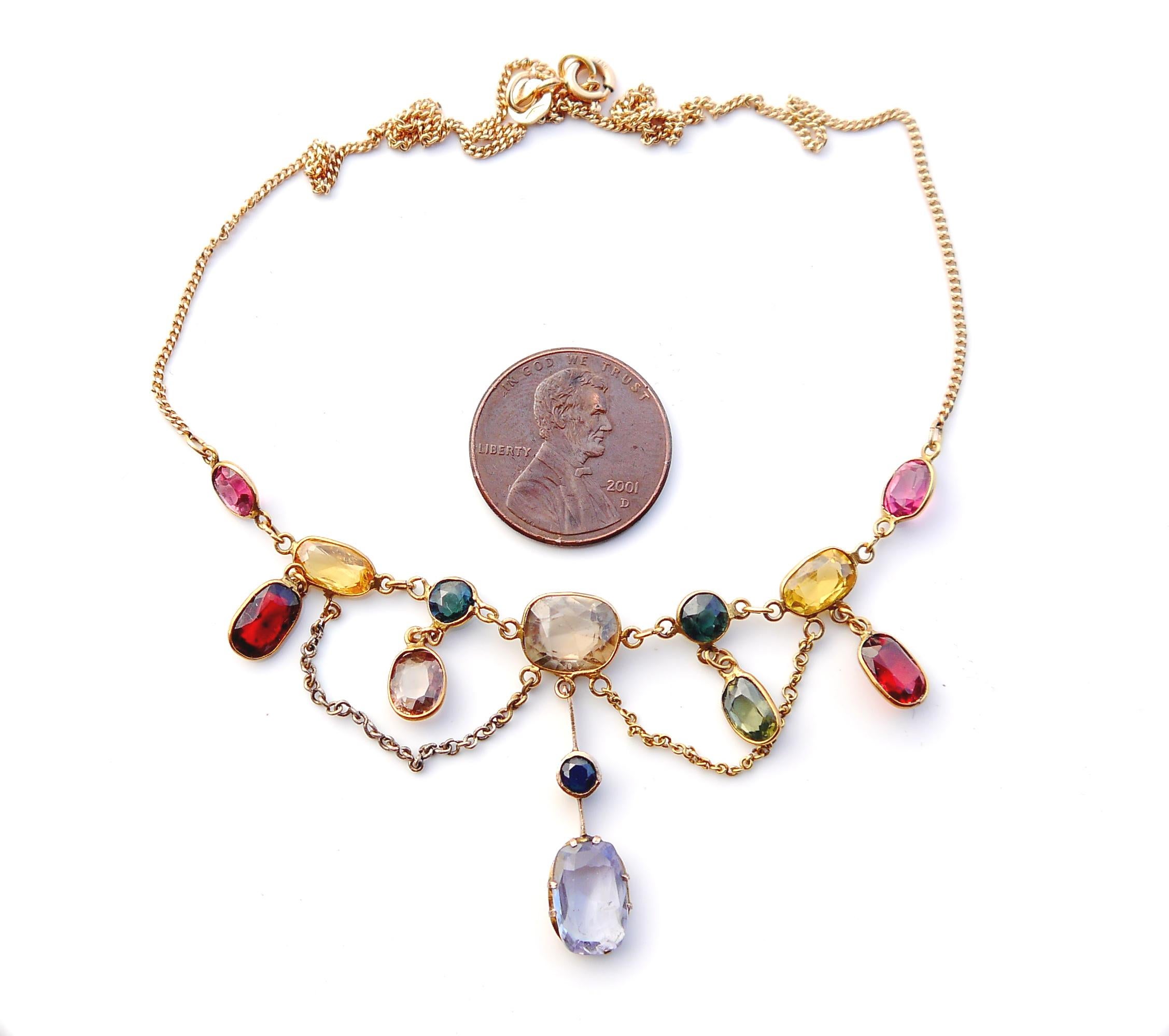 Antique Necklace 13 Natural 14ctw Gems solid 14/ 18K Gold / 5.8gr For Sale 10