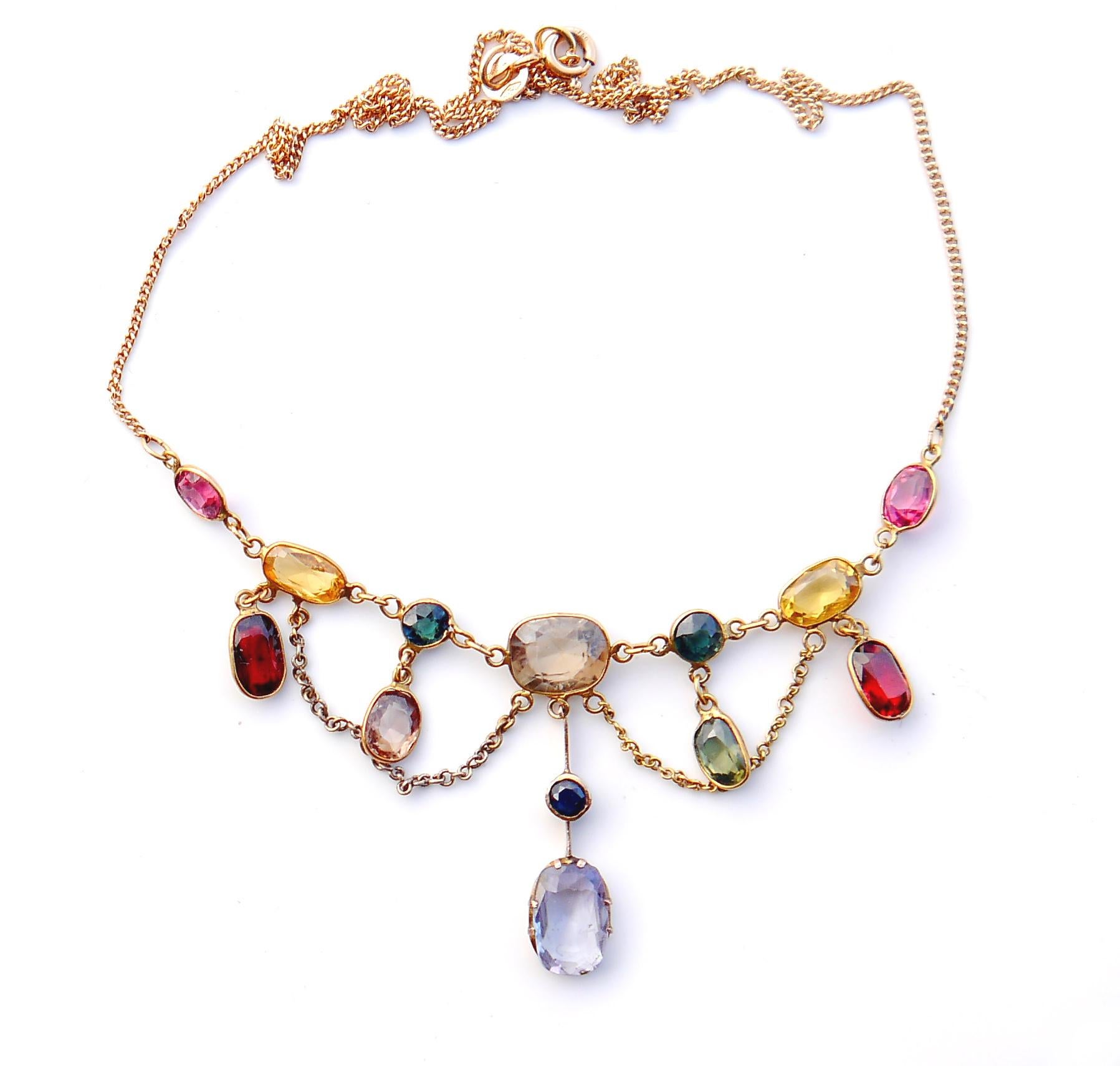 Art Nouveau Antique Necklace 13 Natural 14ctw Gems solid 14/ 18K Gold / 5.8gr For Sale