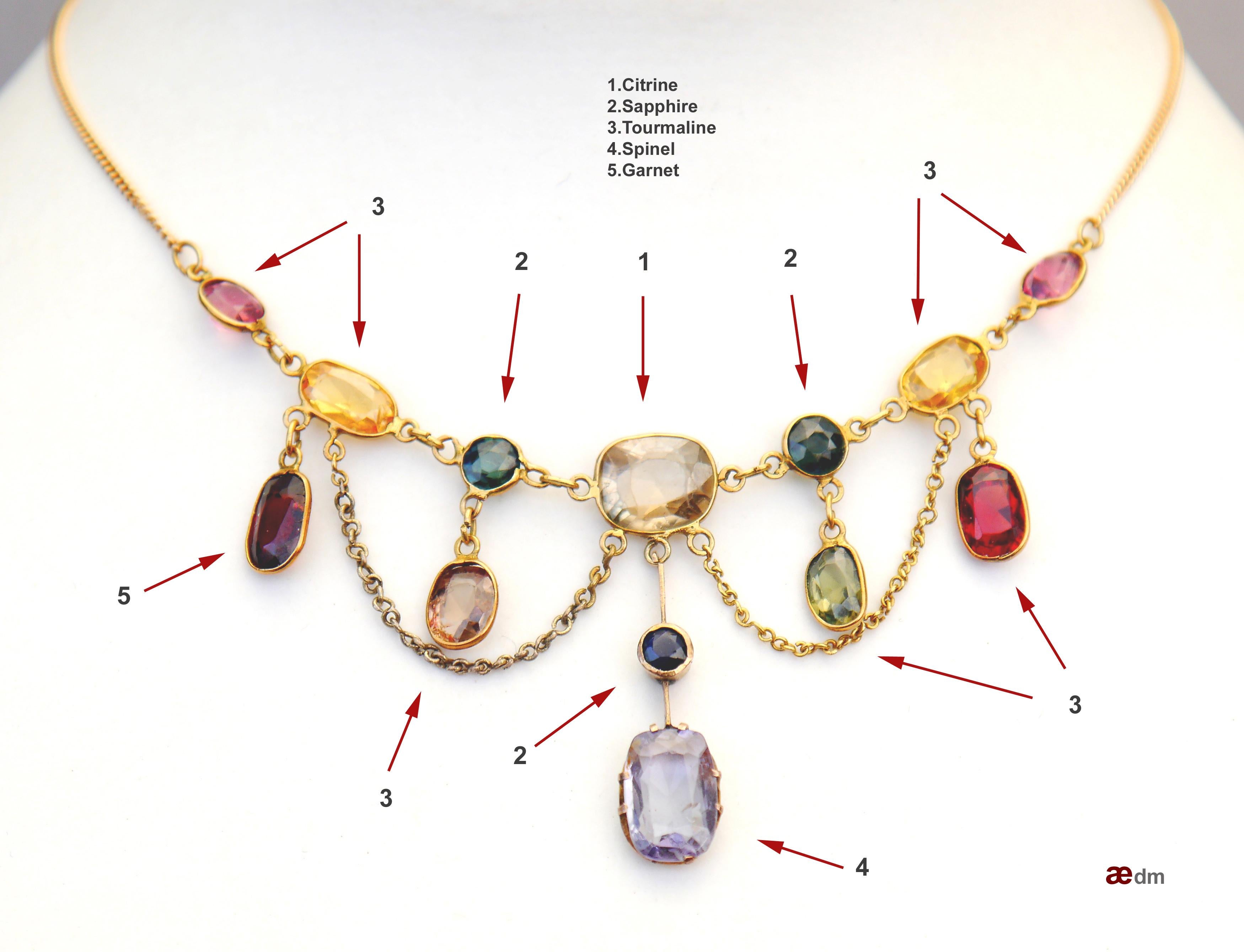Women's Antique Necklace 13 Natural 14ctw Gems solid 14/ 18K Gold / 5.8gr For Sale