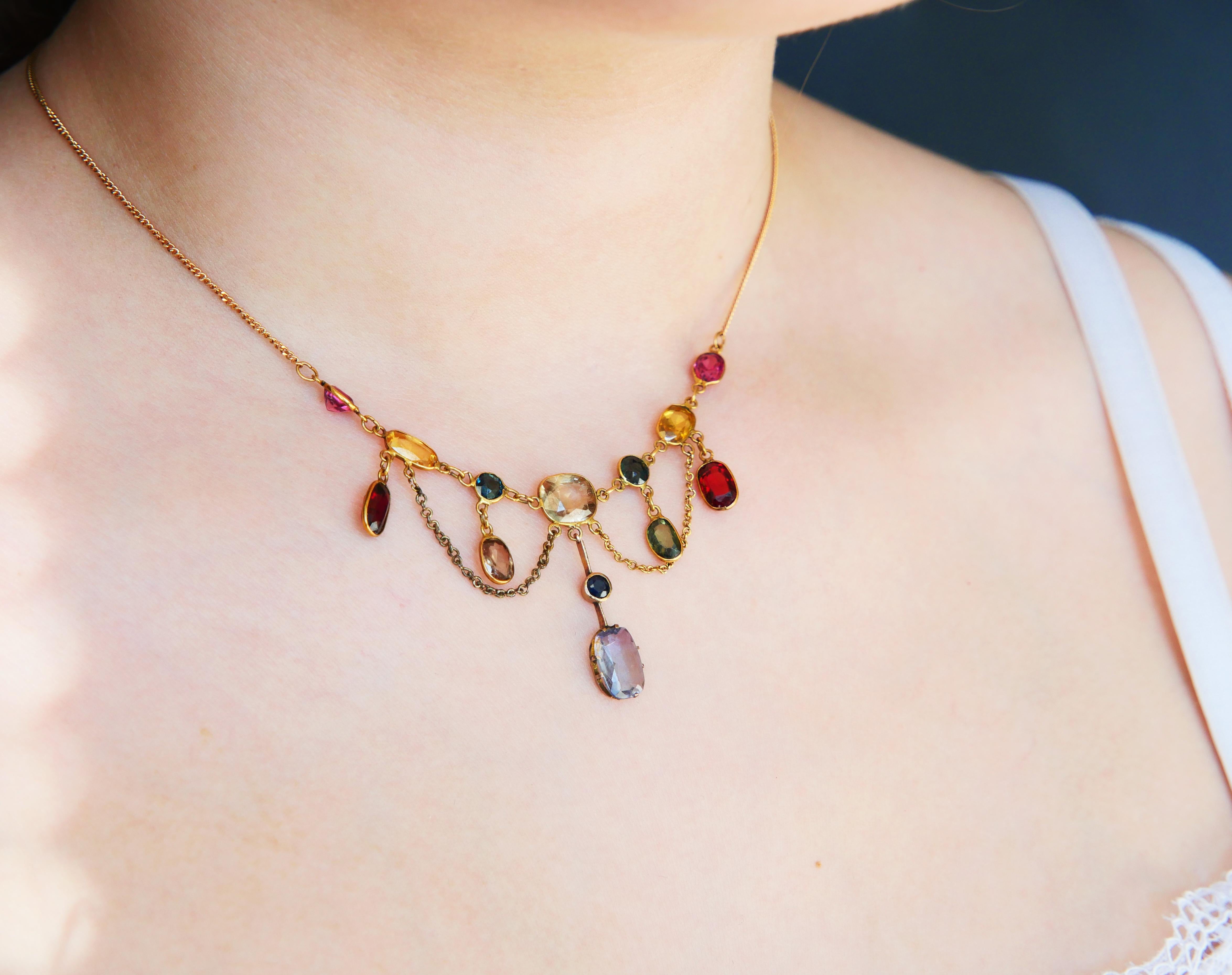 Antique Necklace 13 Natural 14ctw Gems solid 14/ 18K Gold / 5.8gr 5