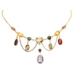 Antique Necklace 13 Natural 14ctw Gems solid 14/ 18K Gold / 5.8gr