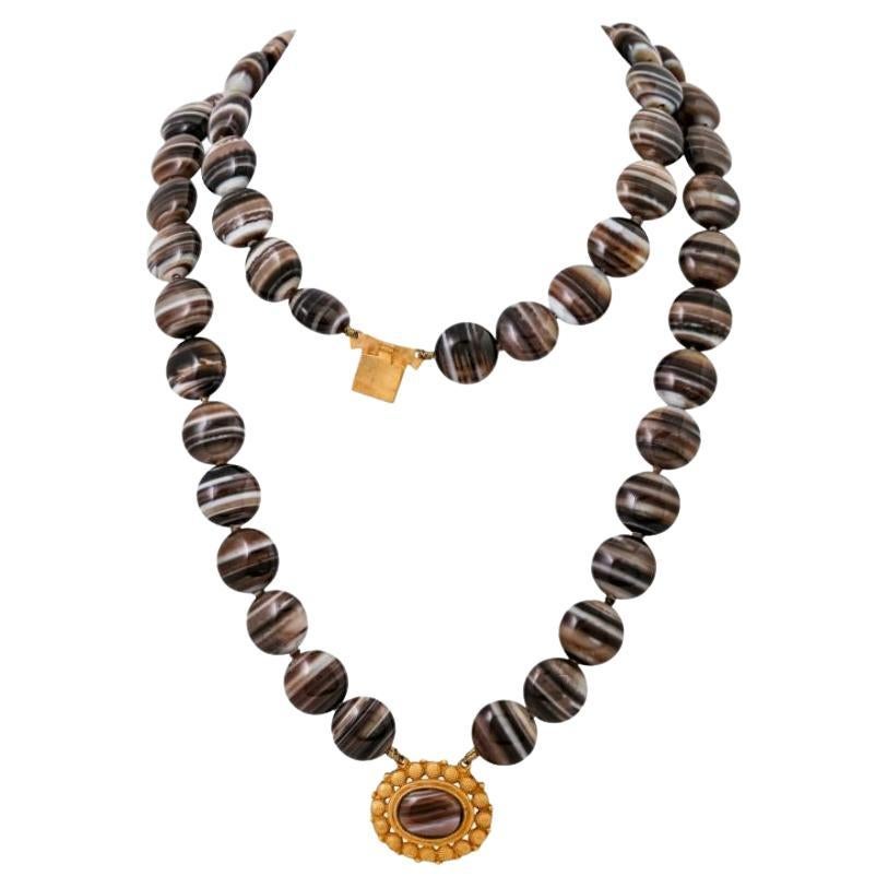 Antique Necklace, 2 Rows with Layered Agate For Sale