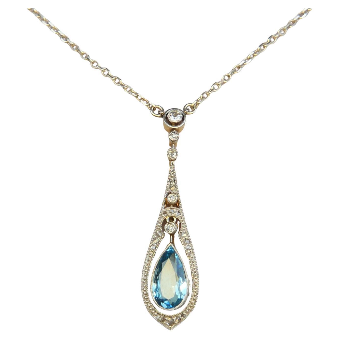 Collier ancien Aigue-marine Diamants massif Or 18K Platine Argent/ 4.6gr