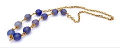 Antique  Necklace Beads Link Bracelet Blue Chalcedony 18 Karat Gold