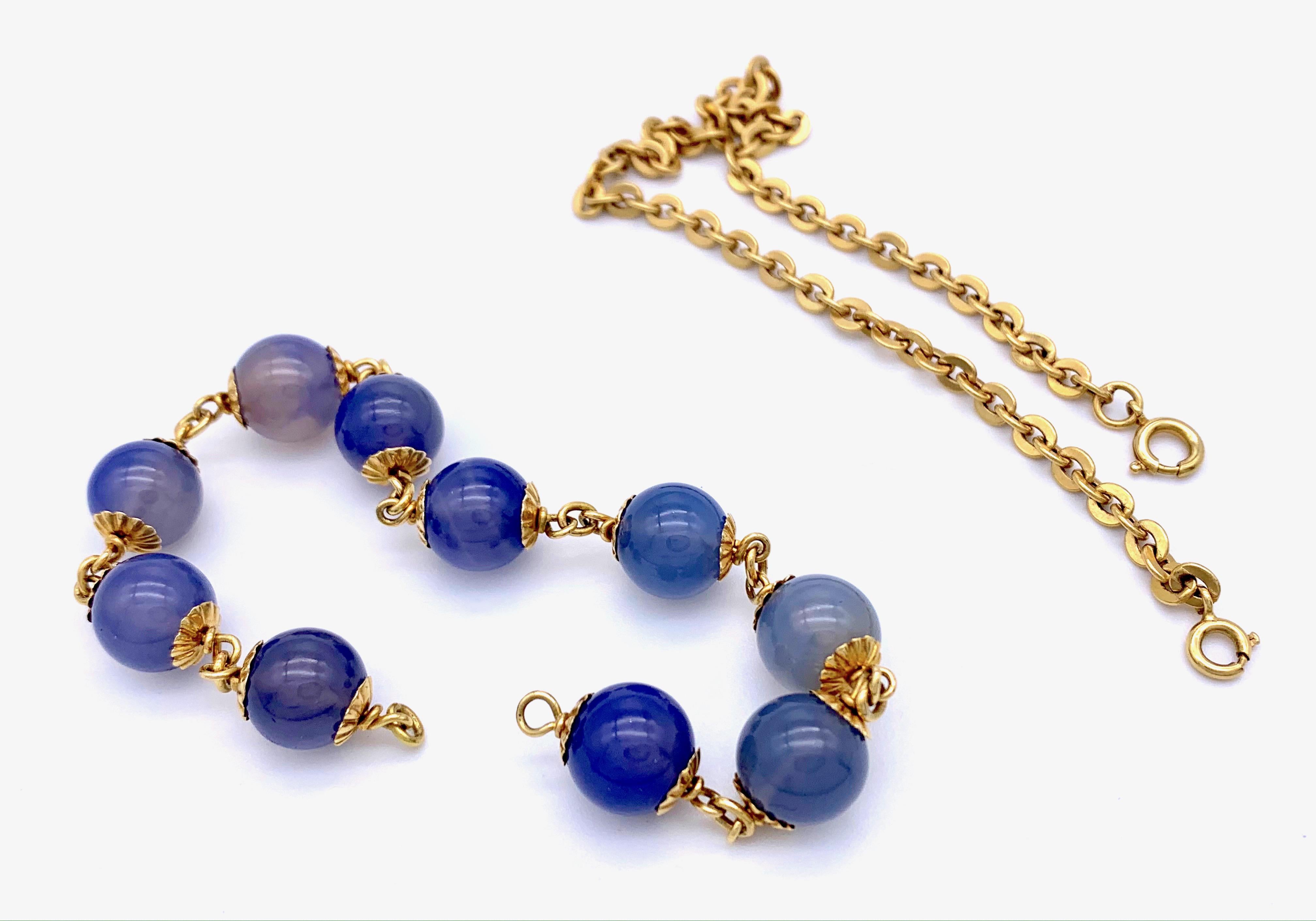 Antike  Halskette Perlen Gliederarmband Blau Chalcedon 18 Karat Gold (Viktorianisch) im Angebot