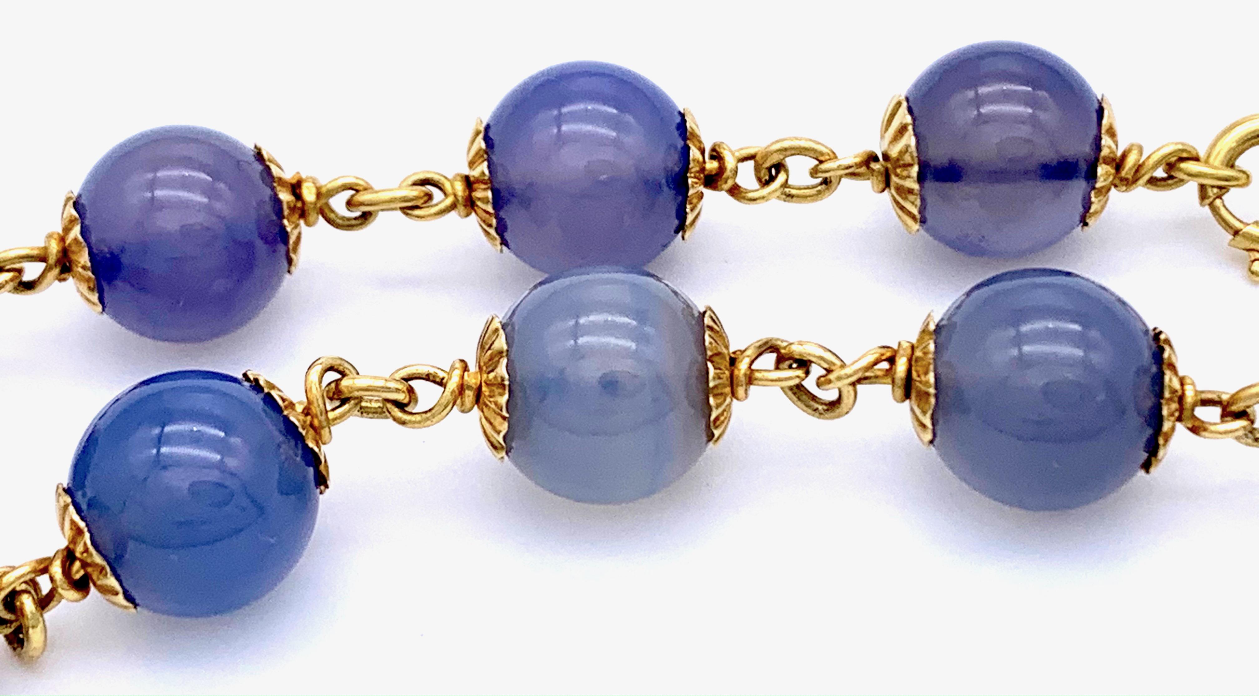 Antike  Halskette Perlen Gliederarmband Blau Chalcedon 18 Karat Gold (Kugelschliff) im Angebot