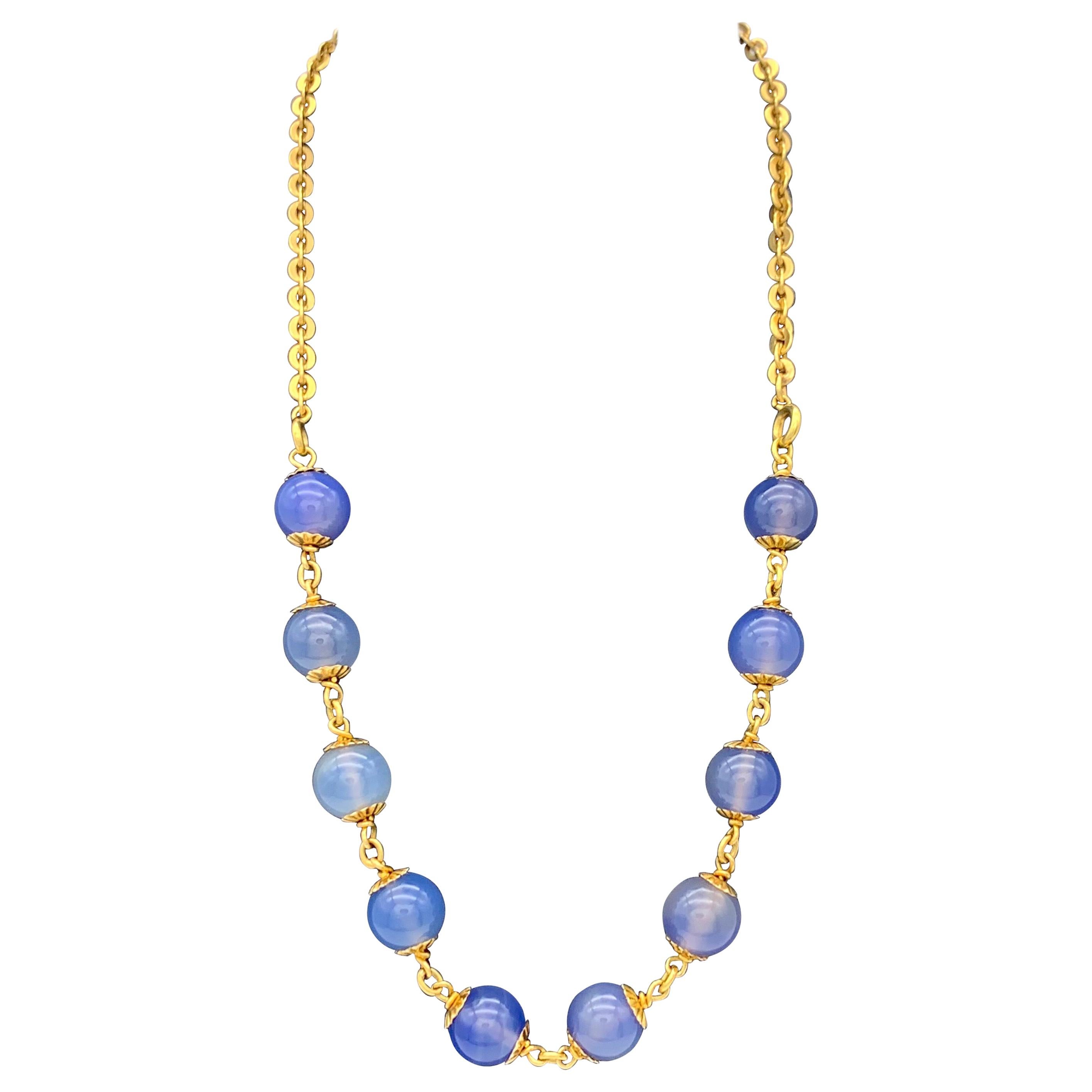Antike  Halskette Perlen Gliederarmband Blau Chalcedon 18 Karat Gold im Angebot