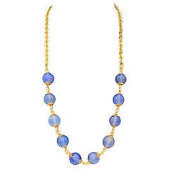 Antique  Necklace Beads Link Bracelet Blue Chalcedony 18 Karat Gold