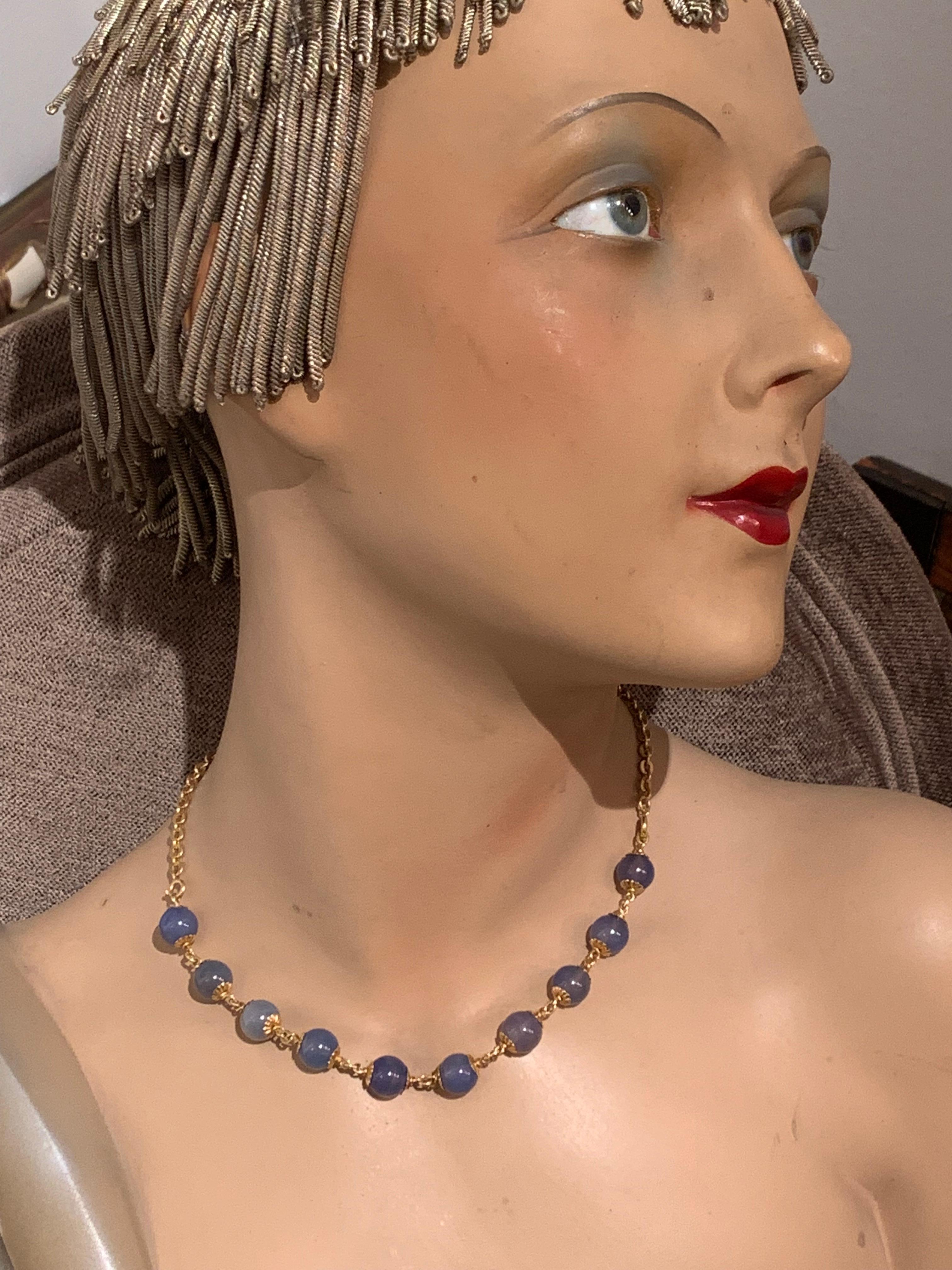 Antike  Halskette Perlen Gliederarmband Blau Chalcedon 18 Karat Gold Damen im Angebot