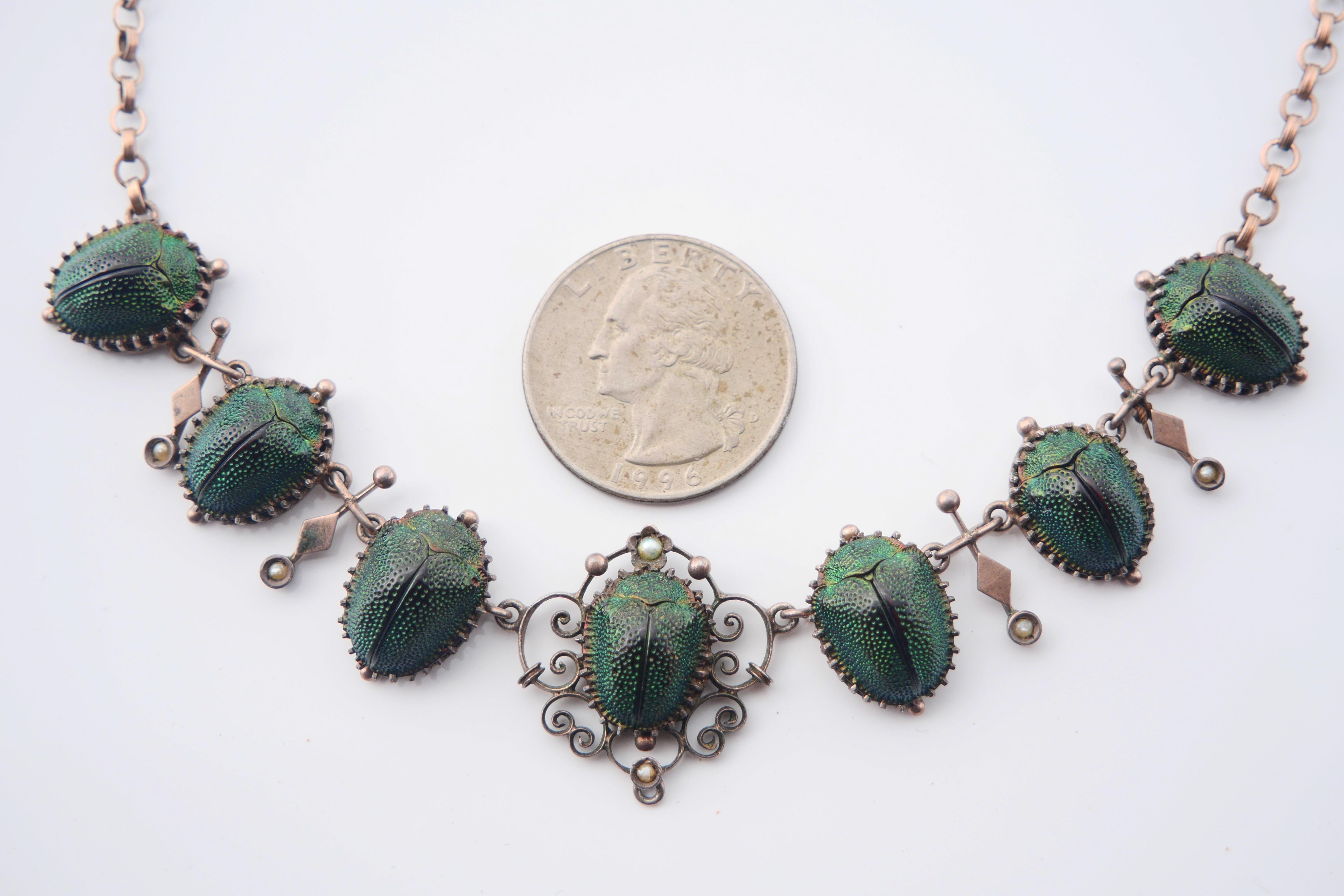 Antique Necklace Egyptian Revival 7 Scarab Beetles Gilt Silver / 42cm / 11.5gr For Sale 7