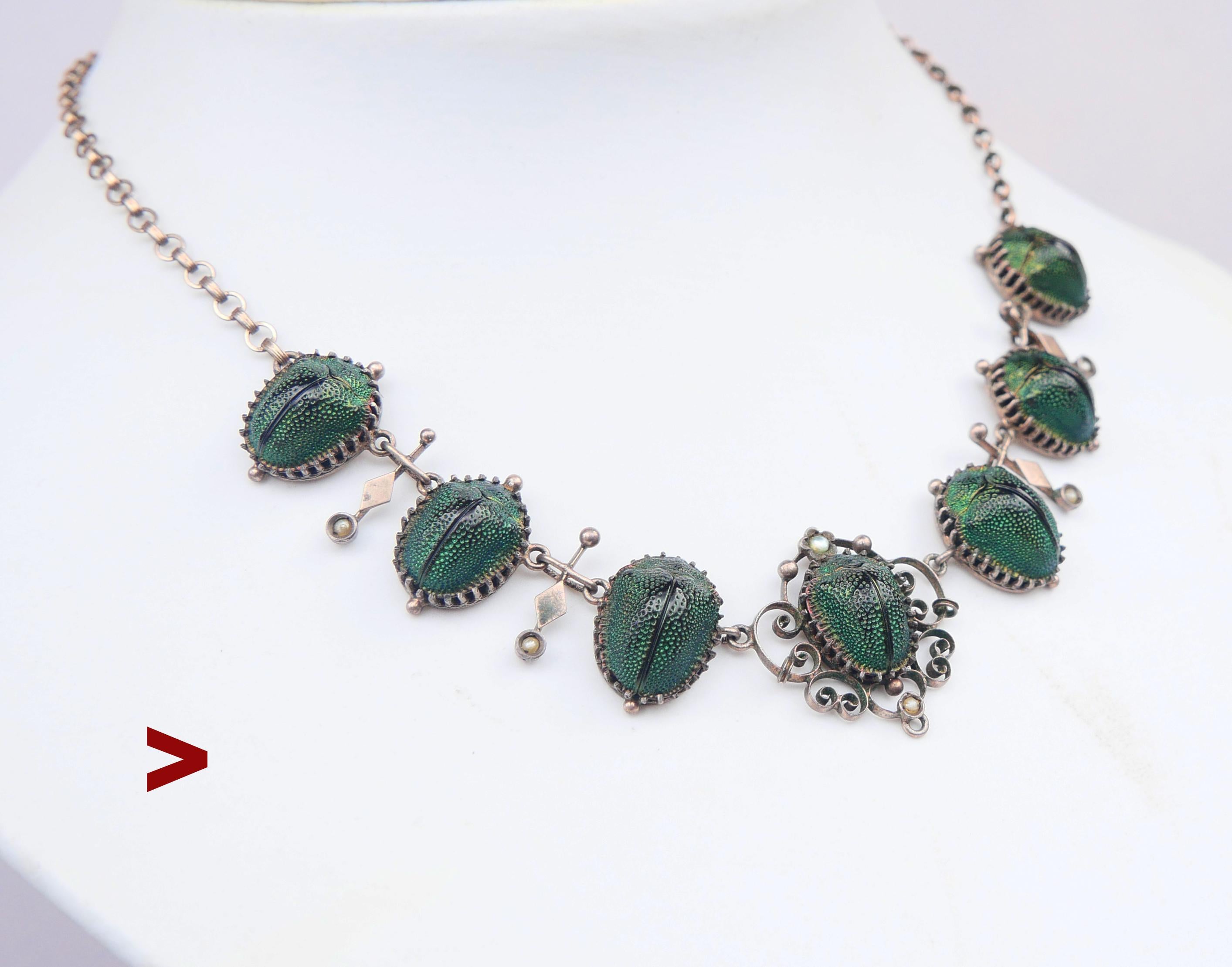 Rare and very unusual piece of Egyptian - revival styled necklace with seven genuine emerald Green Scarab Beetles set into gilt Silver frames accented with 6 Seed Pearls.

These shimmering Tortoise beetles once were the Victorian times' species of