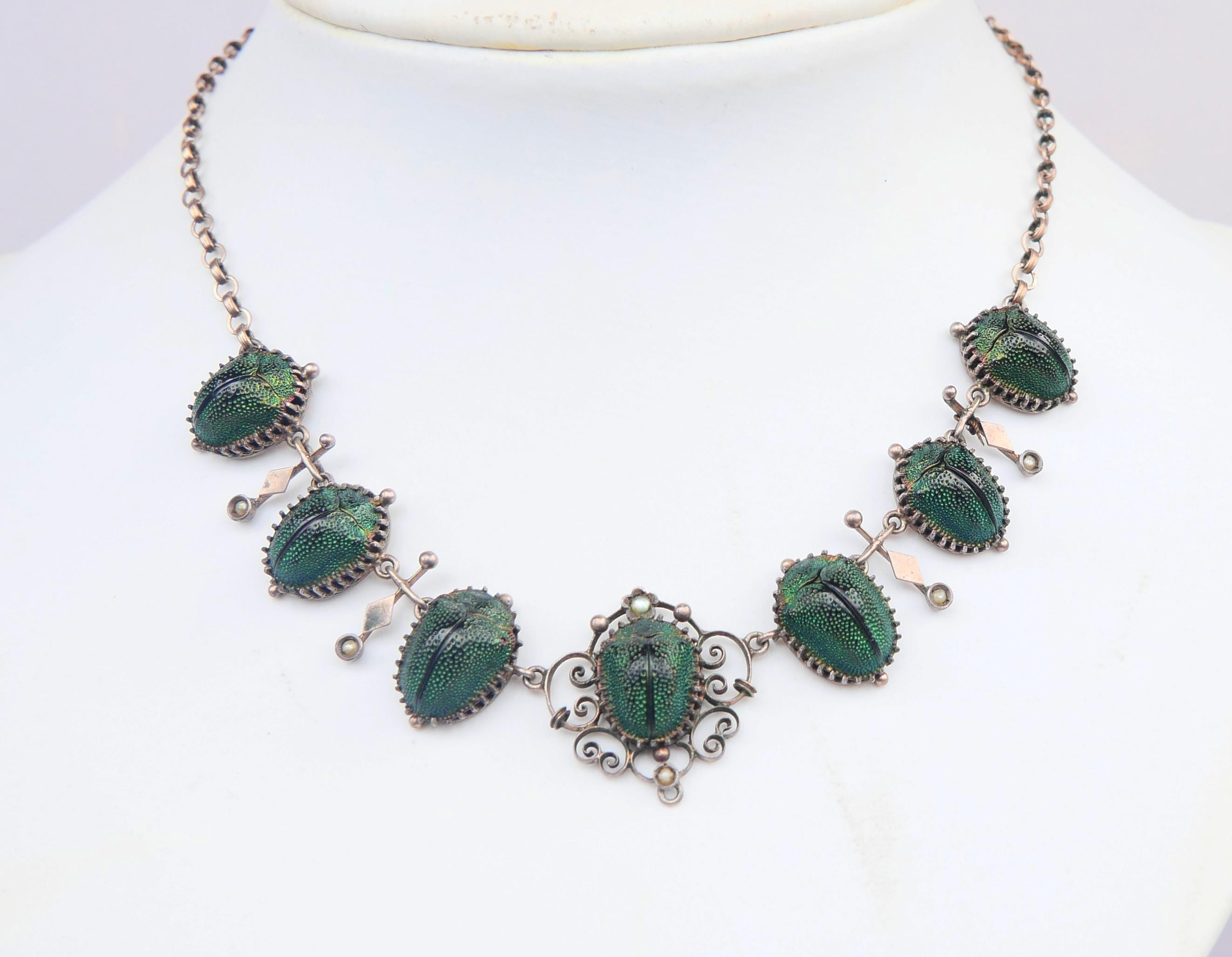 Women's Antique Necklace Egyptian Revival 7 Scarab Beetles Gilt Silver / 42cm / 11.5gr For Sale