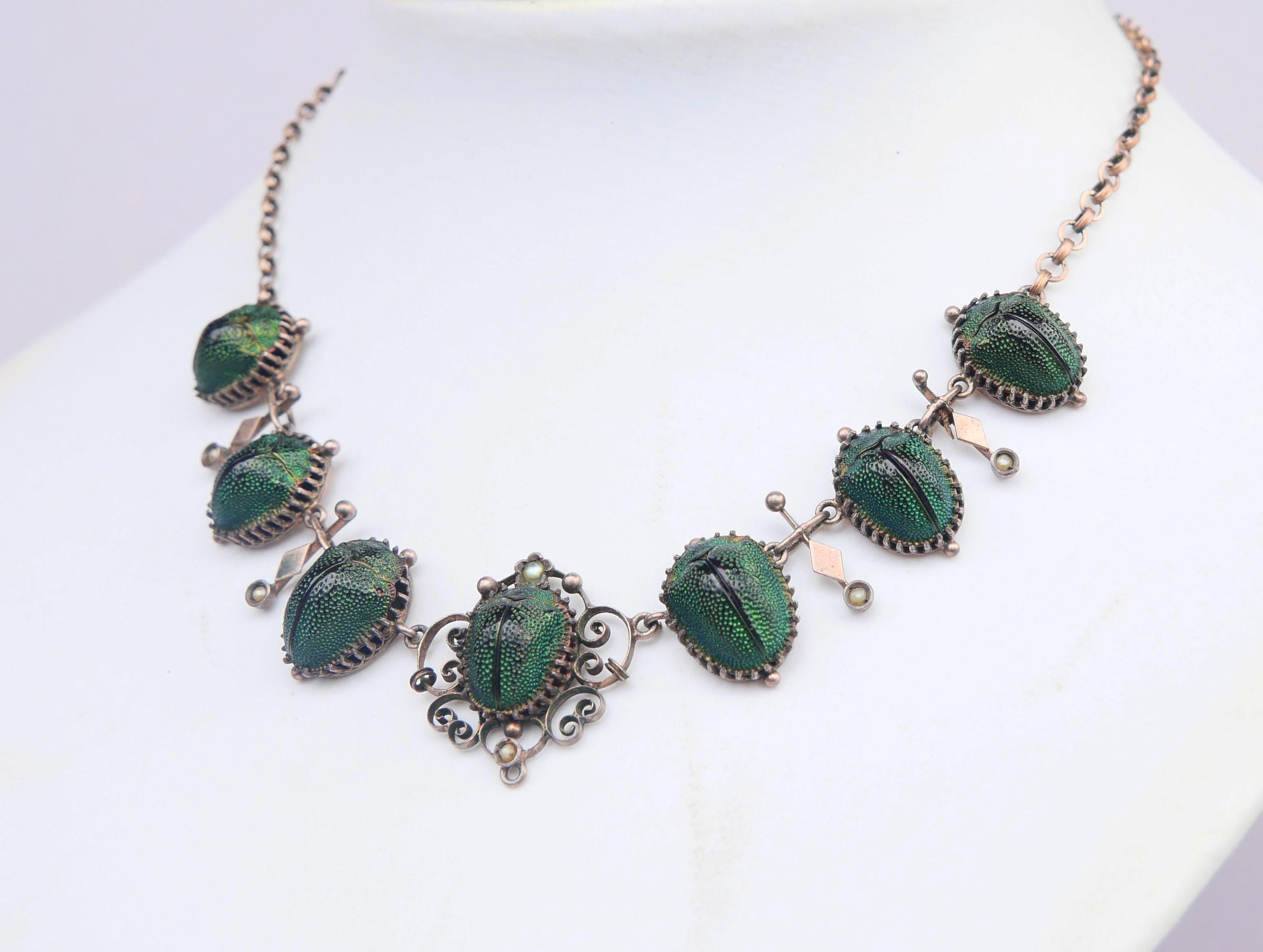 Antique Necklace Egyptian Revival 7 Scarab Beetles Gilt Silver / 42cm / 11.5gr For Sale 2