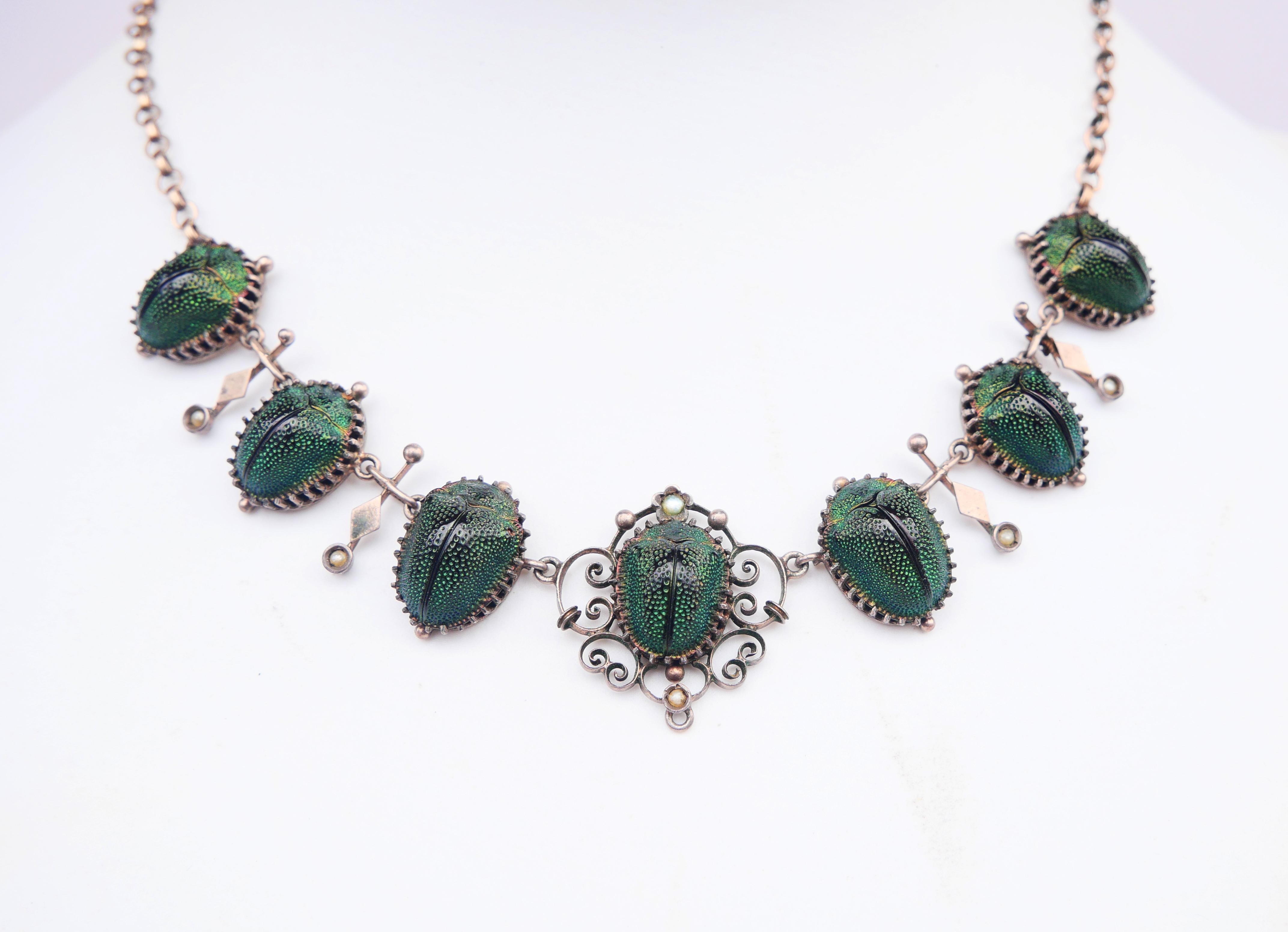 Antique Necklace Egyptian Revival 7 Scarab Beetles Gilt Silver / 42cm / 11.5gr For Sale 3