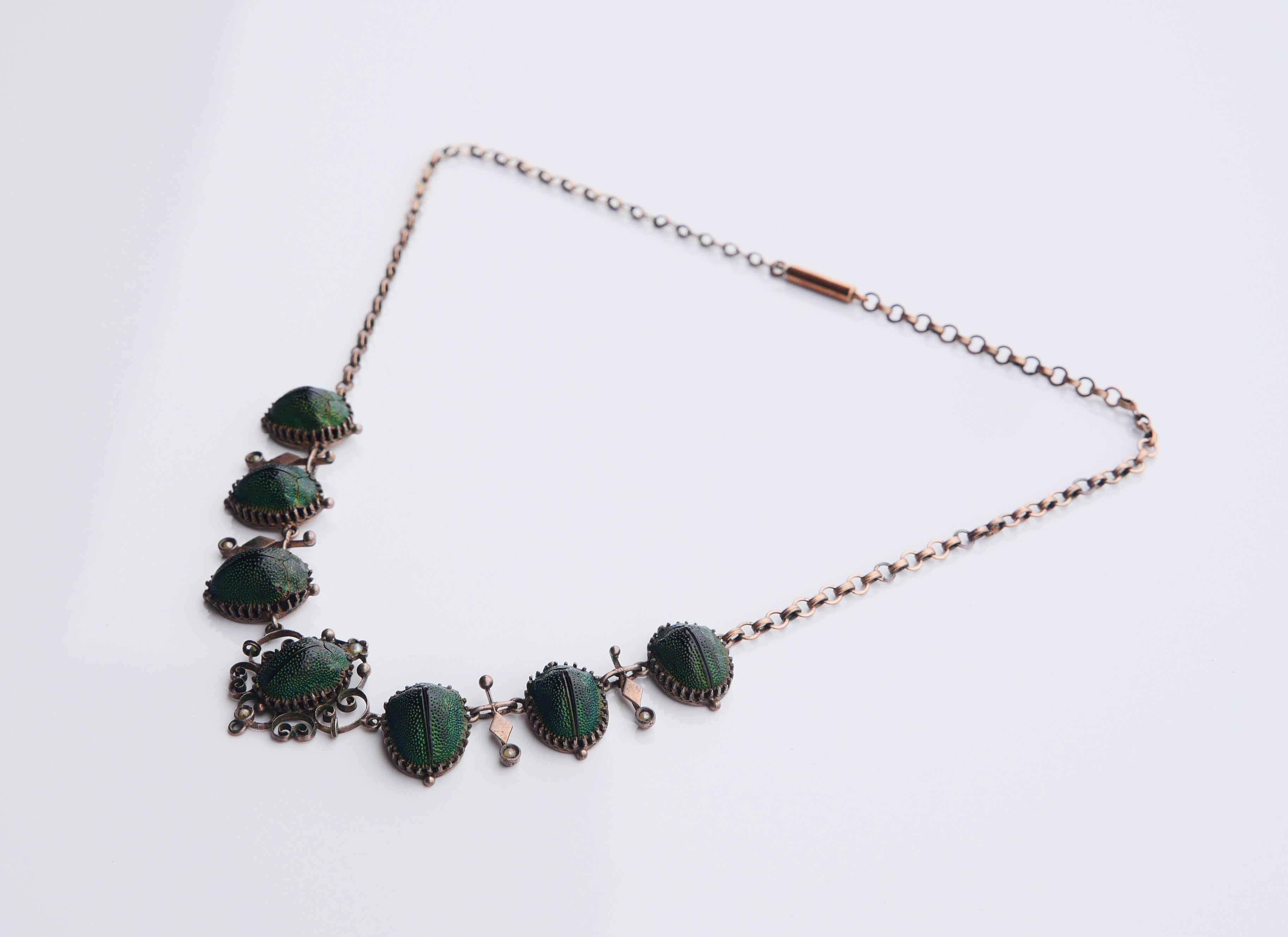 Antique Necklace Egyptian Revival 7 Scarab Beetles Gilt Silver / 42cm / 11.5gr For Sale 4