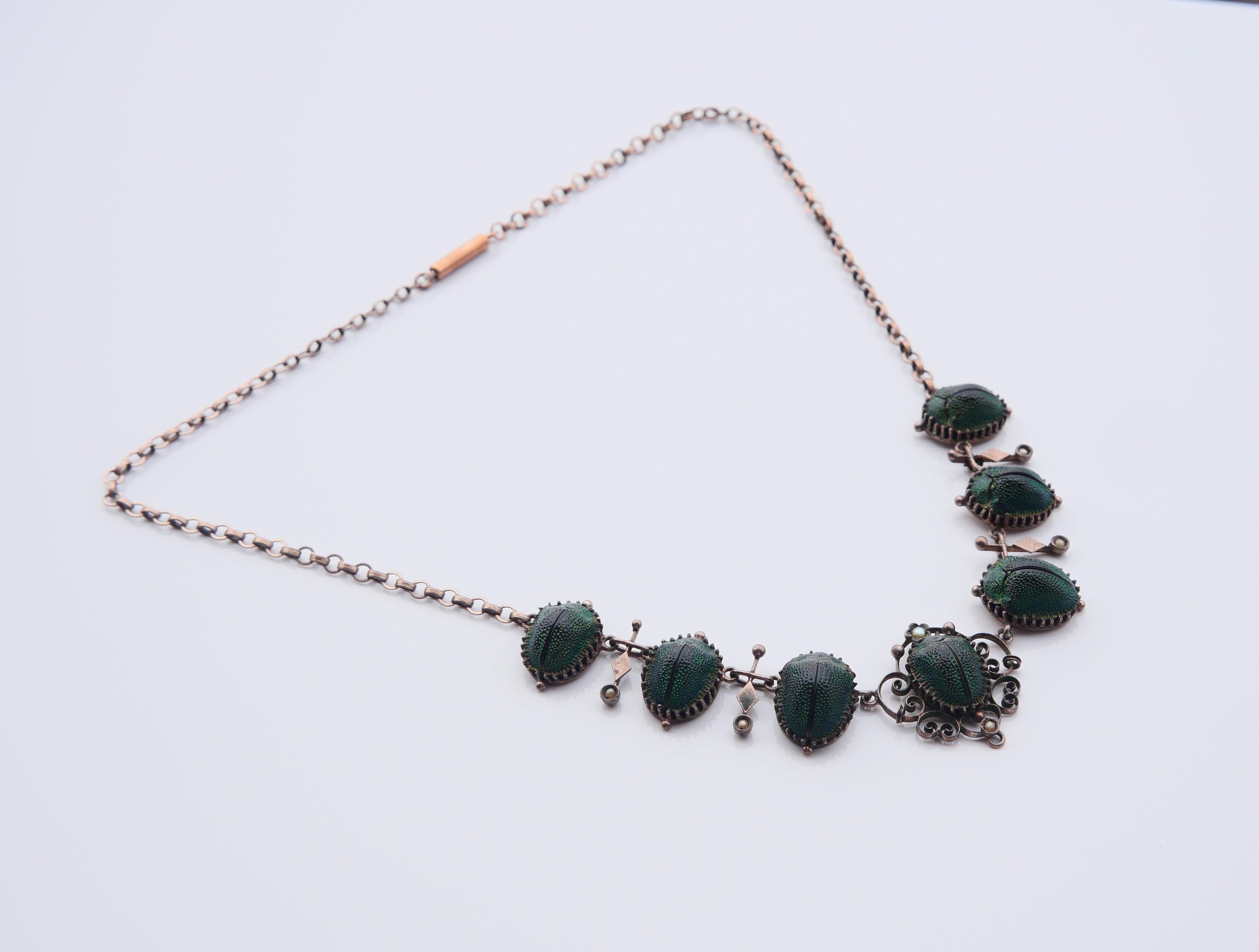 Antique Necklace Egyptian Revival 7 Scarab Beetles Gilt Silver / 42cm / 11.5gr For Sale 5
