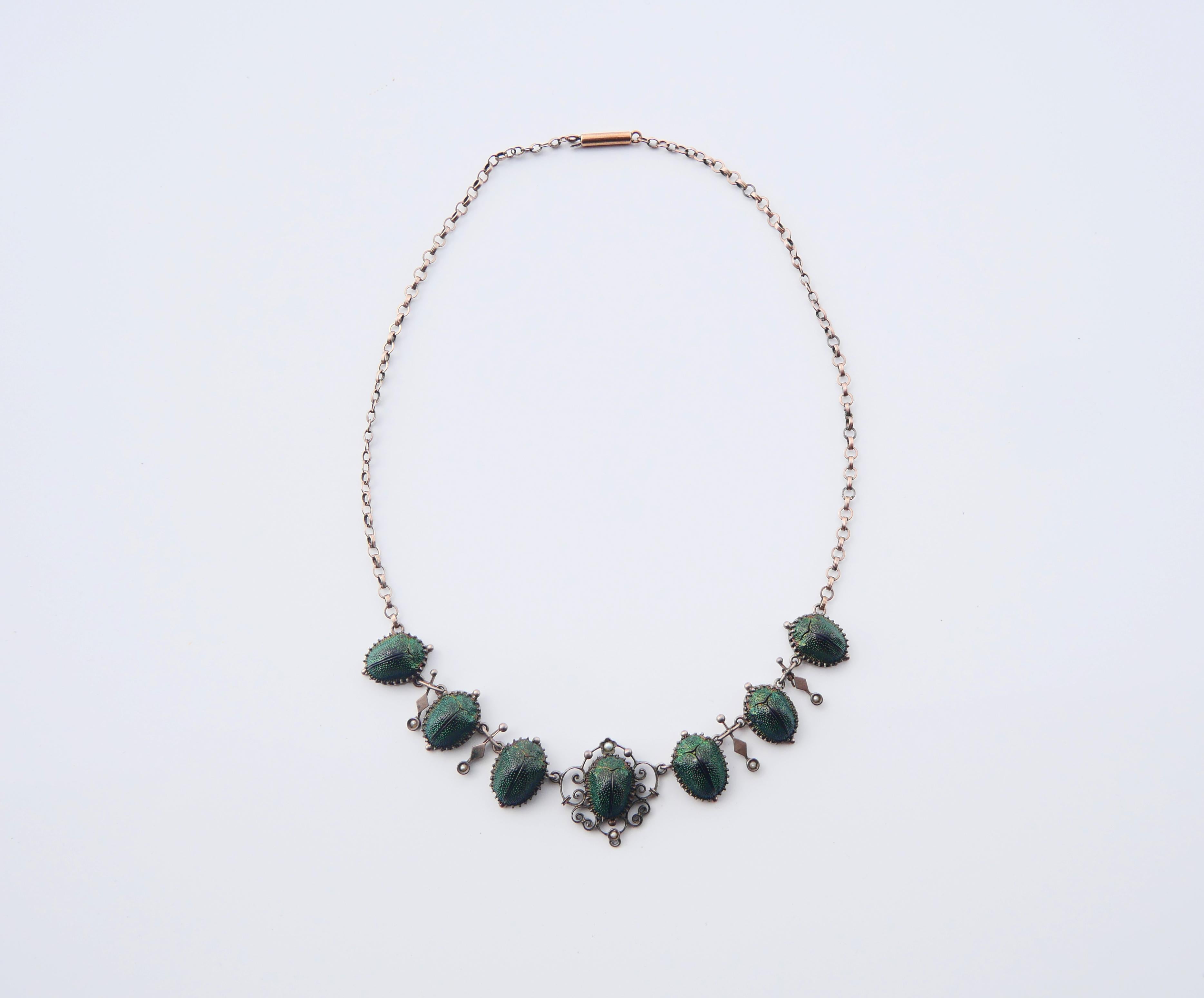 Antique Necklace Egyptian Revival 7 Scarab Beetles Gilt Silver / 42cm / 11.5gr For Sale 6