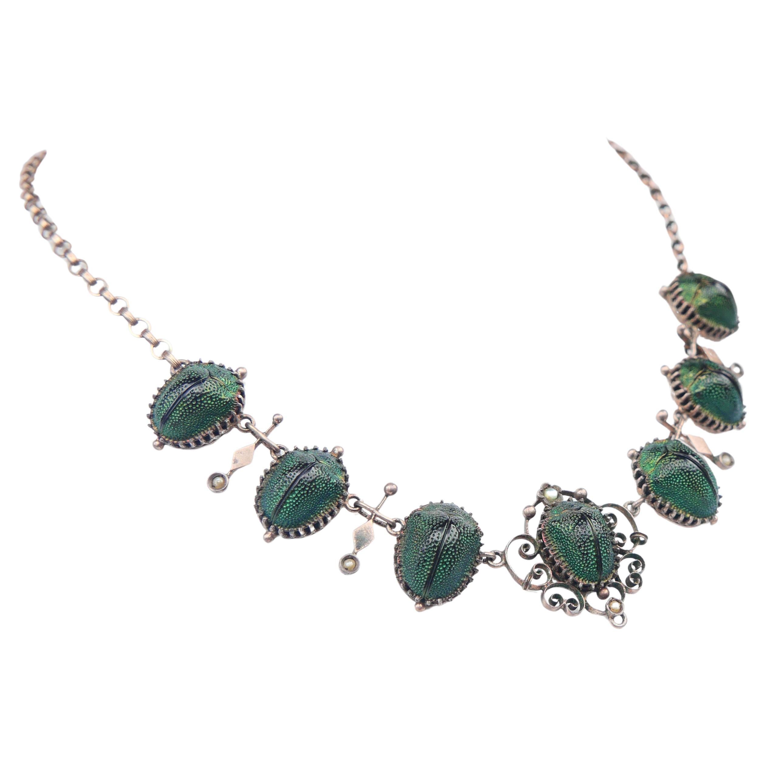 Collar Antiguo Renacimiento Egipcio 7 Escarabajos Plata Dorada / 42cm / 11.5gr
