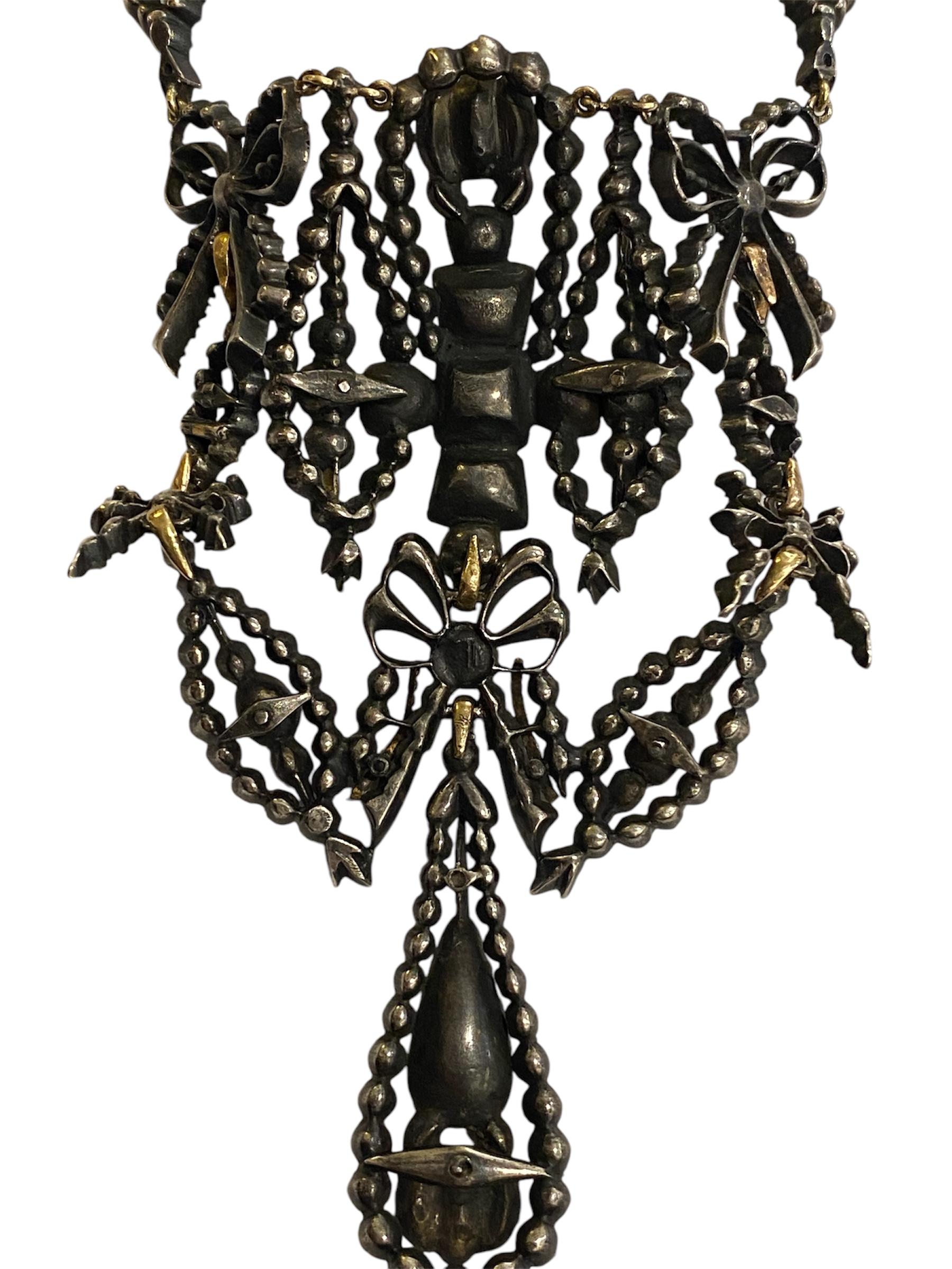 Women's or Men's Antique Necklace in Gold and Silver with Quartz, Citrines and Strass For Sale