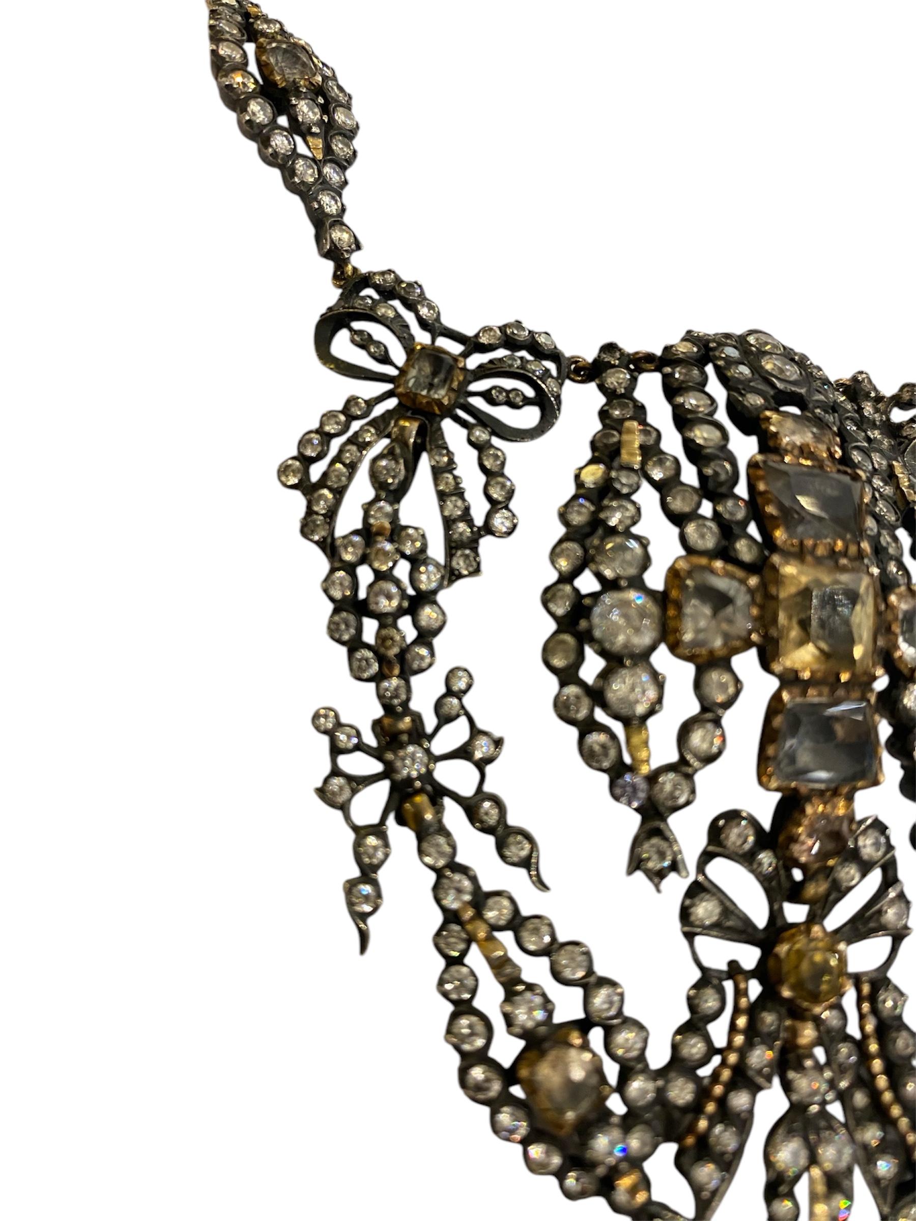 Antique Necklace in Gold and Silver with Quartz, Citrines and Strass For Sale 2