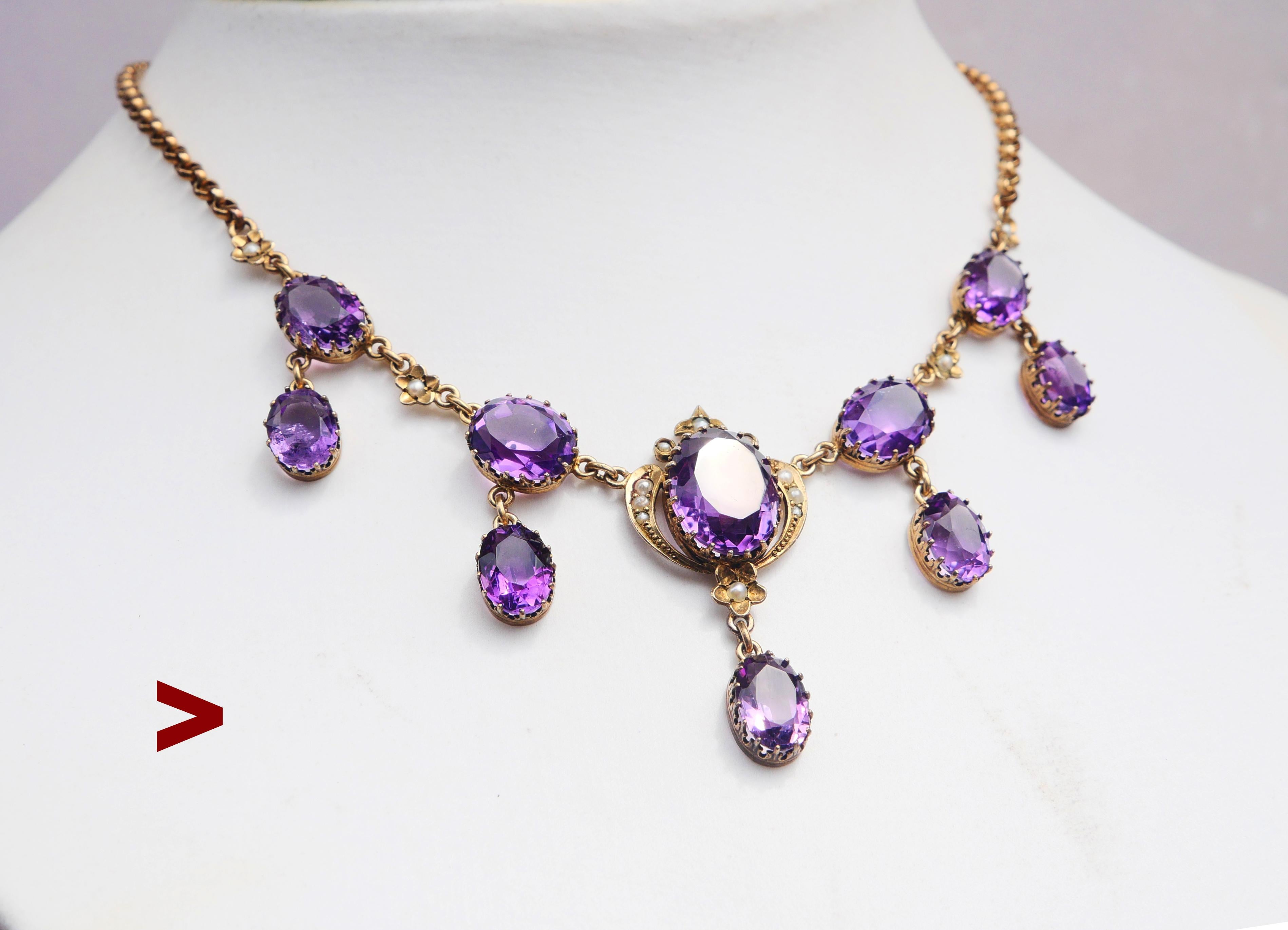 Early XX cent.  beautiful arrangement of 10 oval cut of natural Amethyst stones and 14 Seed Pearls framed into chained clusters of solid Gilt Silver.

Hallmarks on C-lock part 850, unclear maker's marks.

High-quality natural eye clean Amethysts