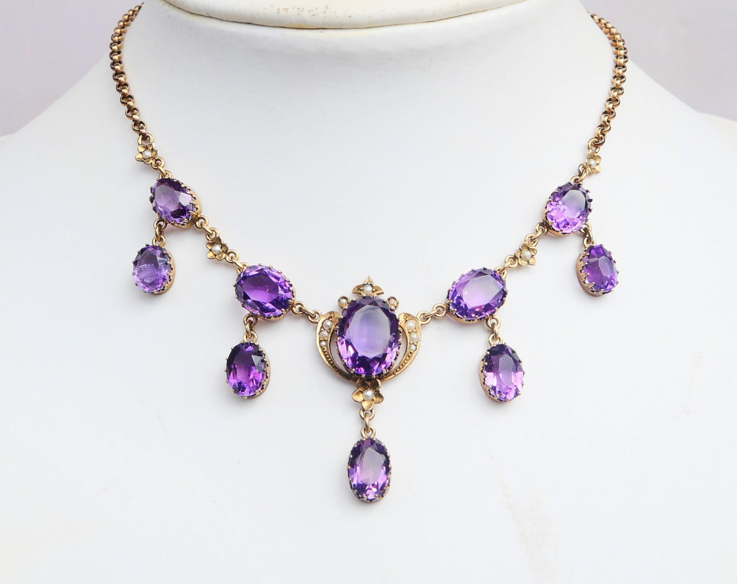 Art Nouveau Antique Necklace natural 22ctw. Amethyst Pearls Gilt Silver/42.5cm/ 15.2 gr For Sale