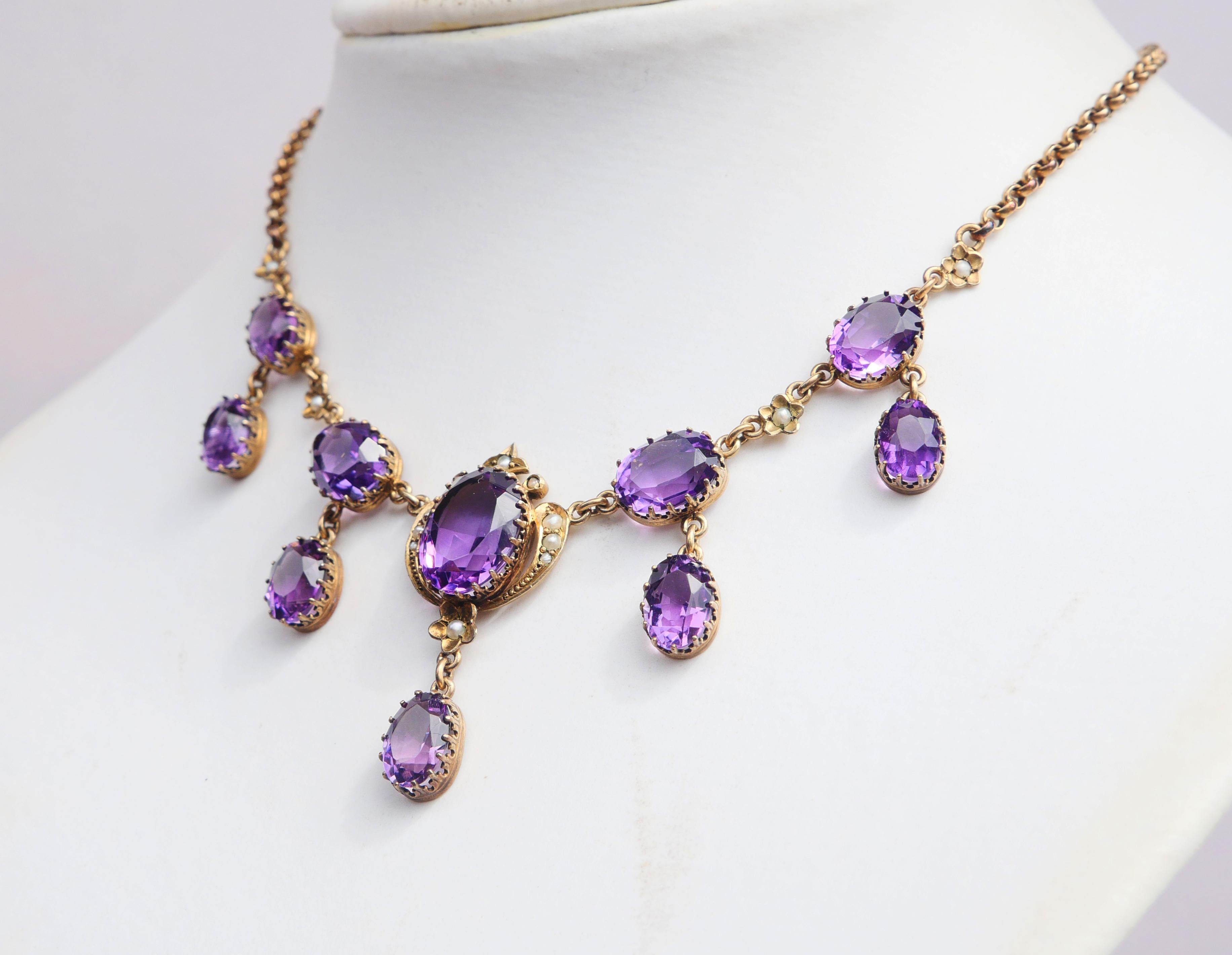 Oval Cut Antique Necklace natural 22ctw. Amethyst Pearls Gilt Silver/42.5cm/ 15.2 gr For Sale