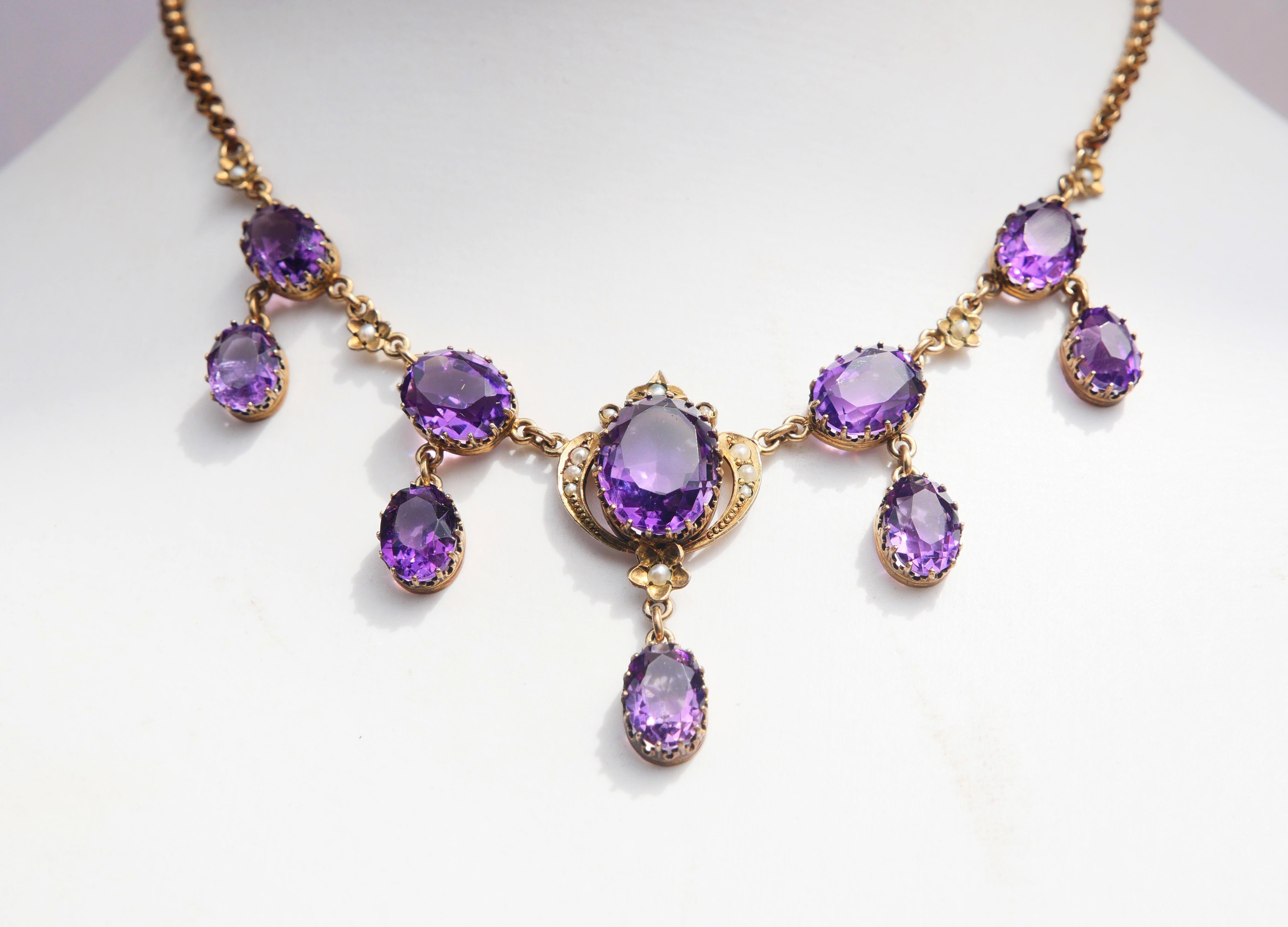 Women's Antique Necklace natural 22ctw. Amethyst Pearls Gilt Silver/42.5cm/ 15.2 gr For Sale