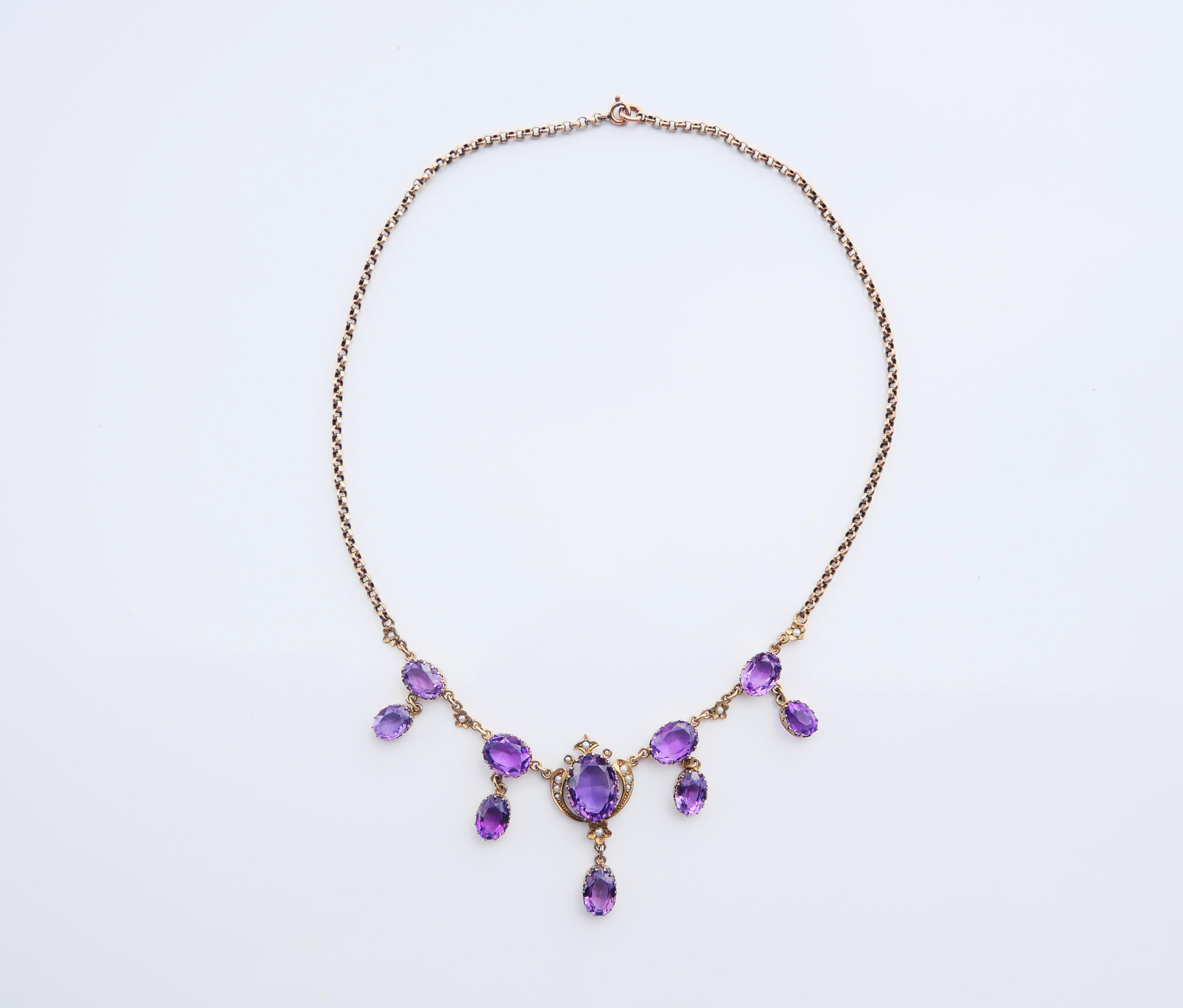 Antique Necklace natural 22ctw. Amethyst Pearls Gilt Silver/42.5cm/ 15.2 gr For Sale 3