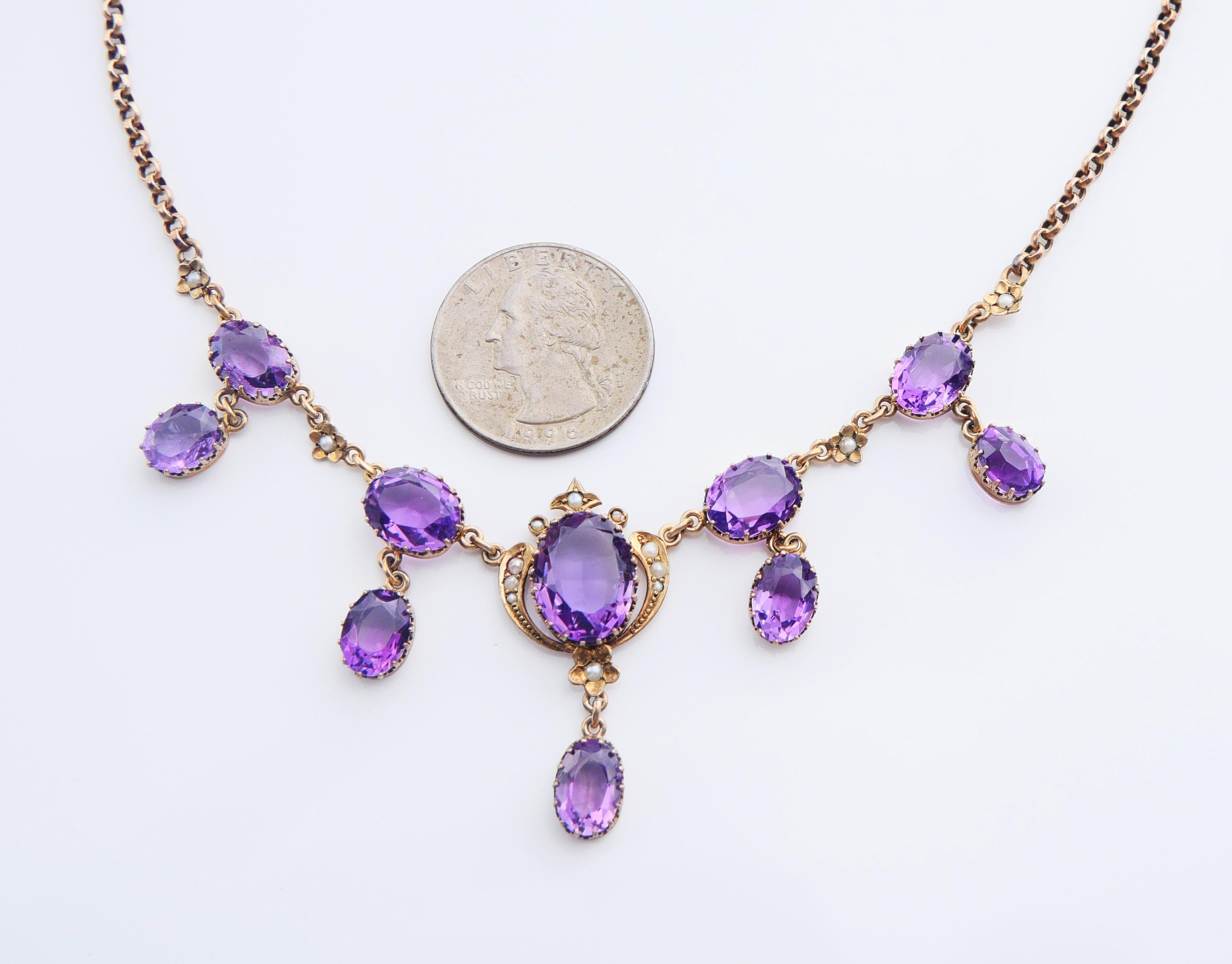 Antique Necklace natural 22ctw. Amethyst Pearls Gilt Silver/42.5cm/ 15.2 gr For Sale 4