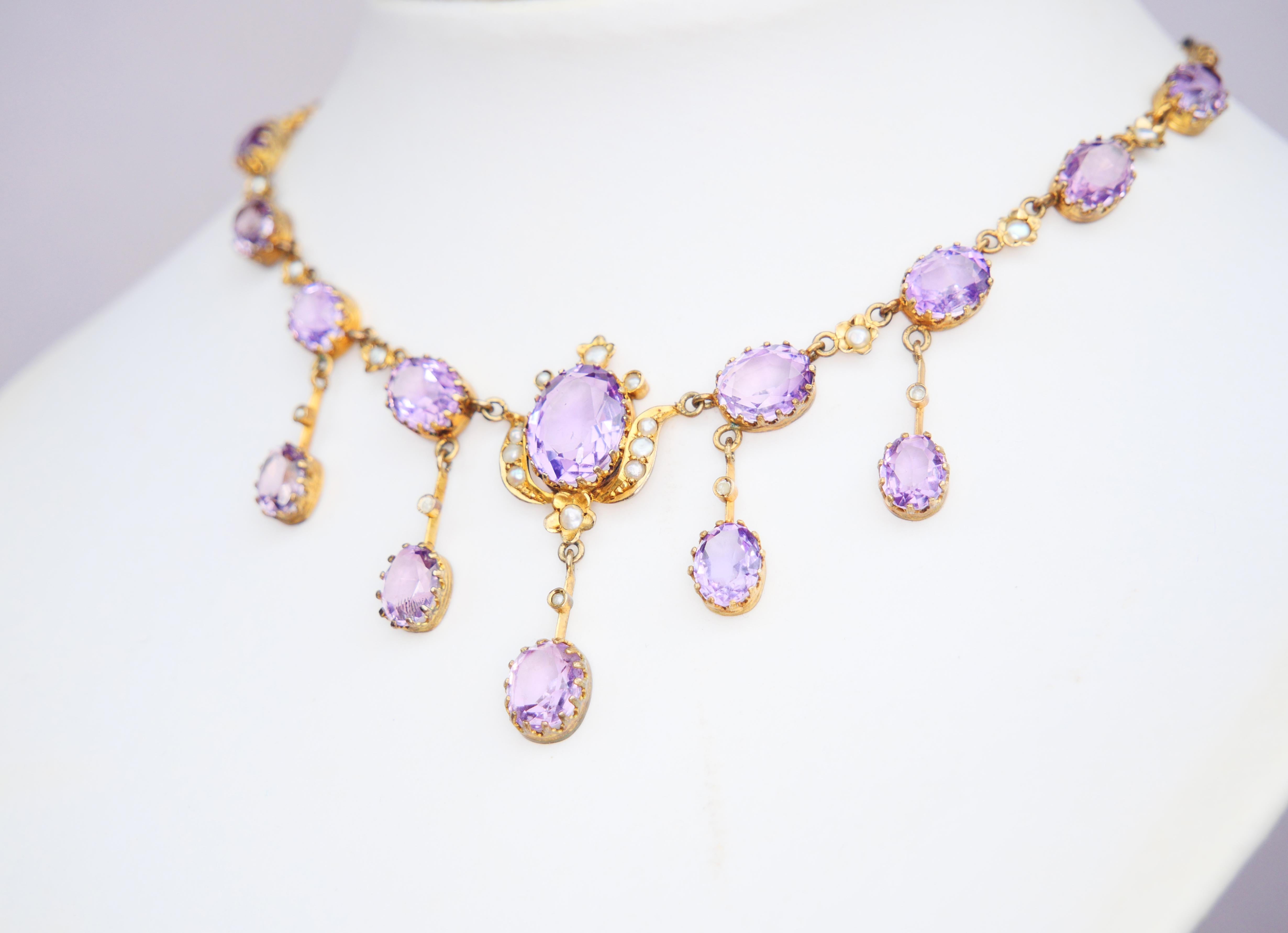 Oval Cut Antique Necklace natural 25ctw. Amethyst Pearls  850 Gilt Silver/ 43cm/16.5 gr For Sale