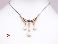 Antique Necklace natural Pearls Diamonds 18K Gold Platinum Silver / 44cm/ 6.8 gr
