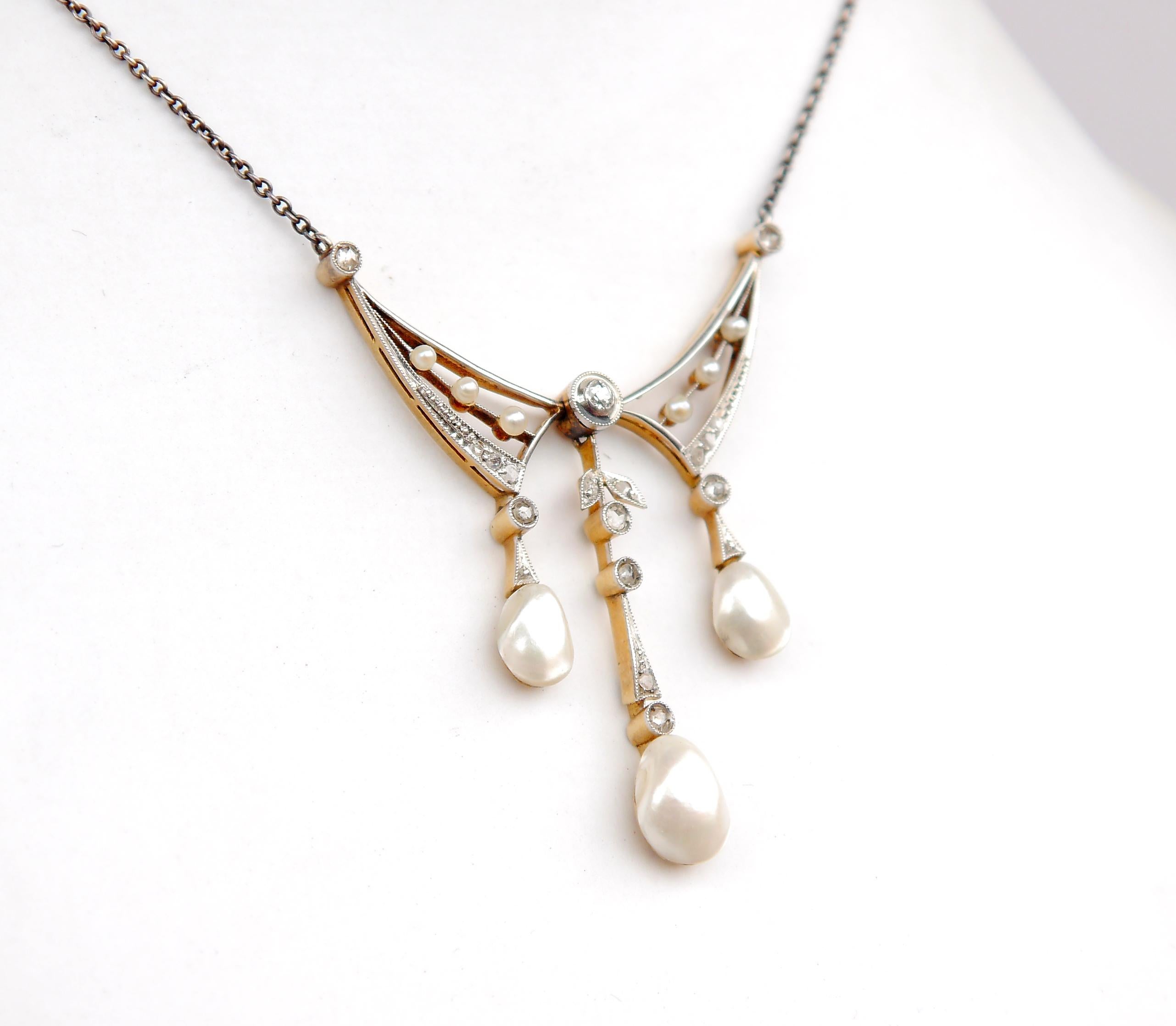 Antike Halskette natürliche Perlen Diamanten 18K Gold Platin Silber / 44cm/ 6.8 gr (Art nouveau) im Angebot