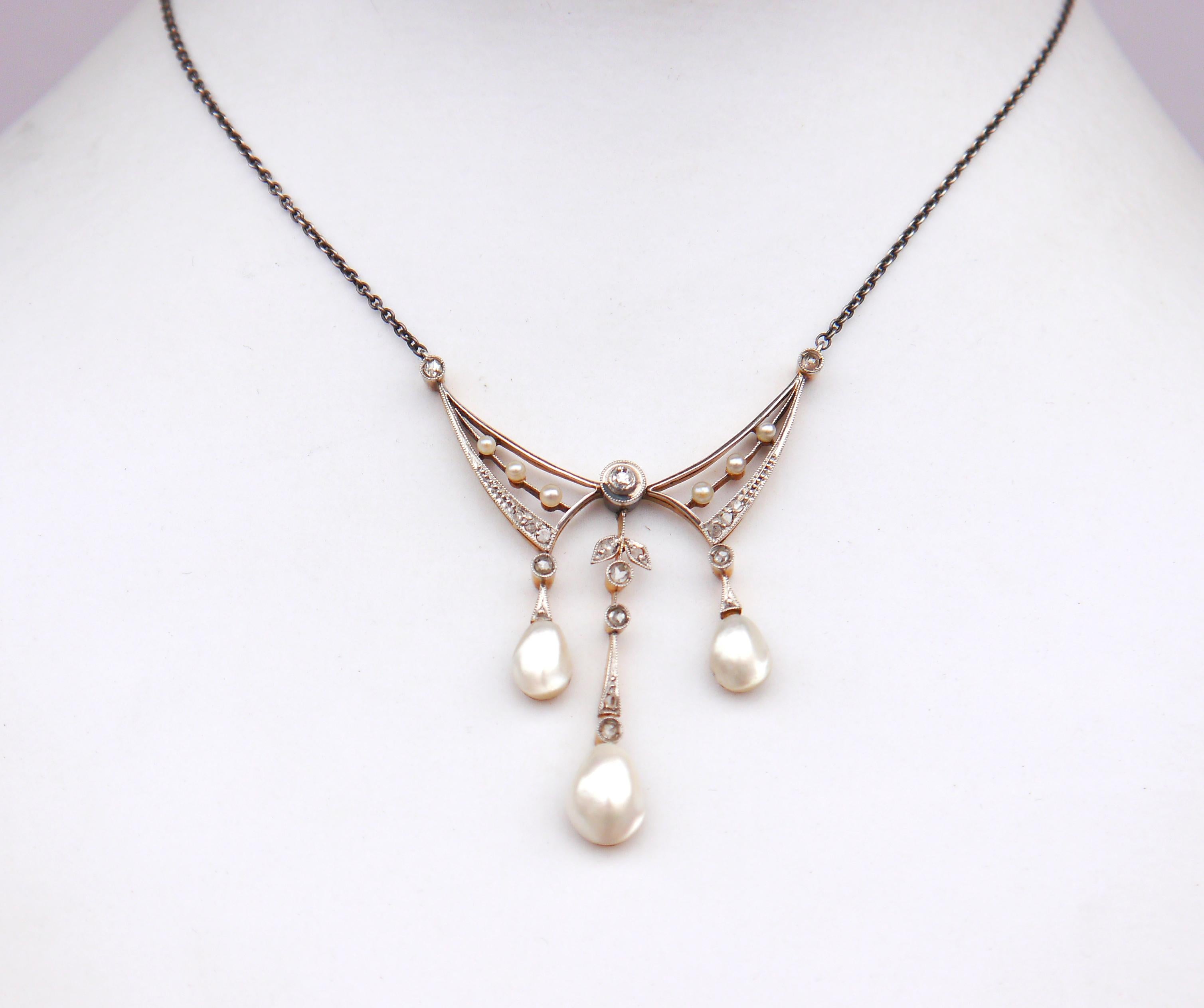 Old European Cut Antique Necklace natural Pearls Diamonds 18K Gold Platinum Silver / 44cm/ 6.8 gr For Sale