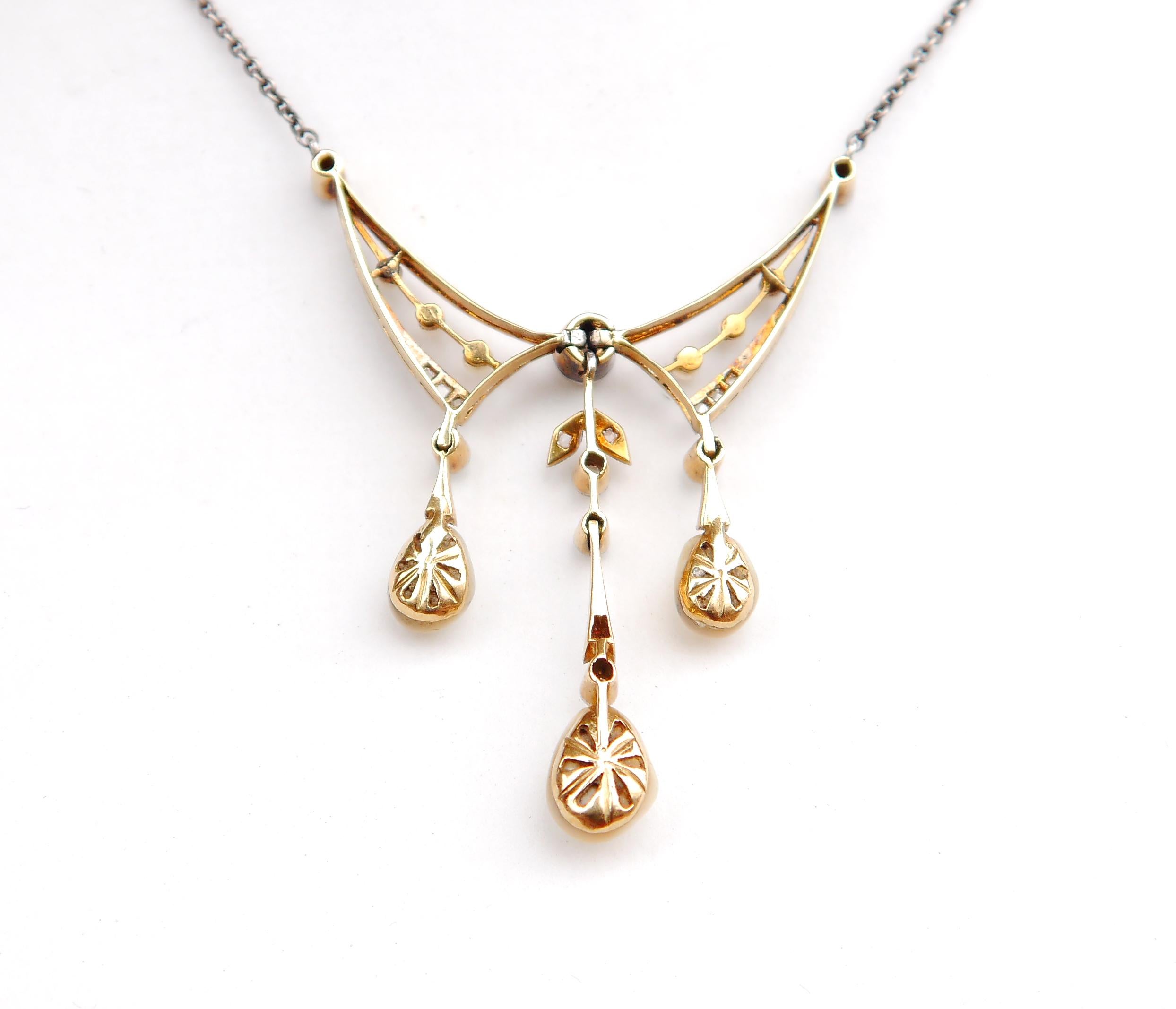 Women's Antique Necklace natural Pearls Diamonds 18K Gold Platinum Silver / 44cm/ 6.8 gr For Sale