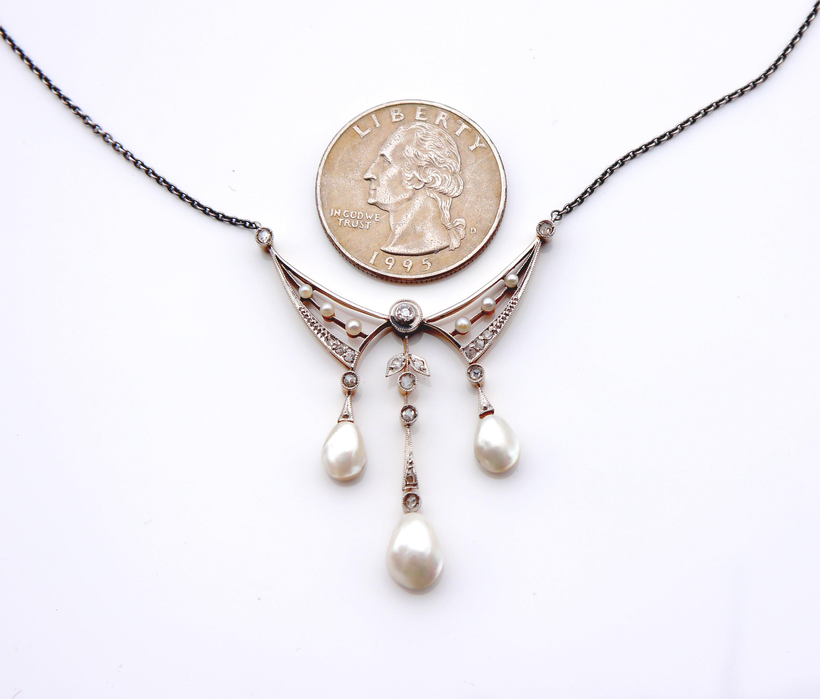 Antique Necklace natural Pearls Diamonds 18K Gold Platinum Silver / 44cm/ 6.8 gr For Sale 3