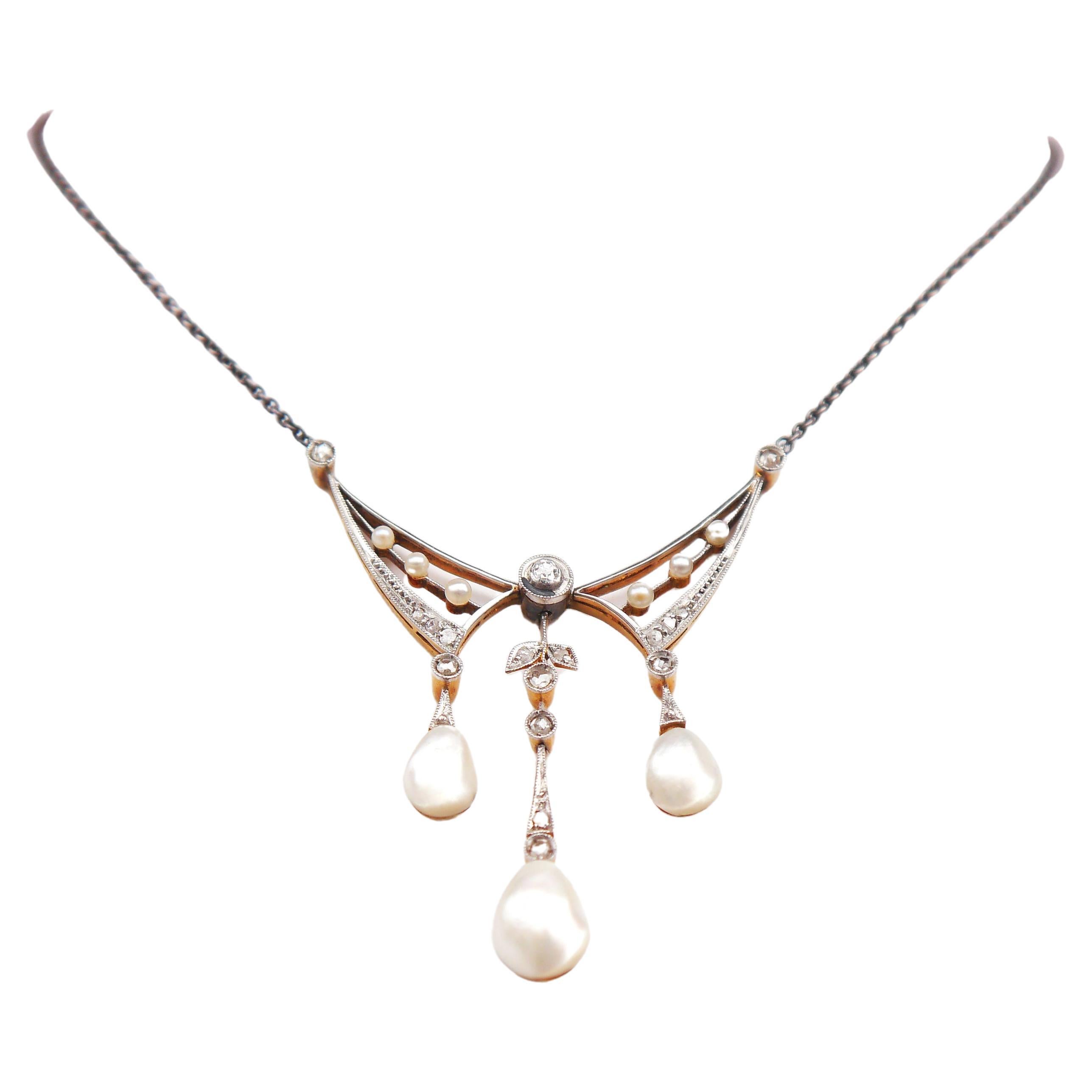 Antike Halskette natürliche Perlen Diamanten 18K Gold Platin Silber / 44cm/ 6.8 gr