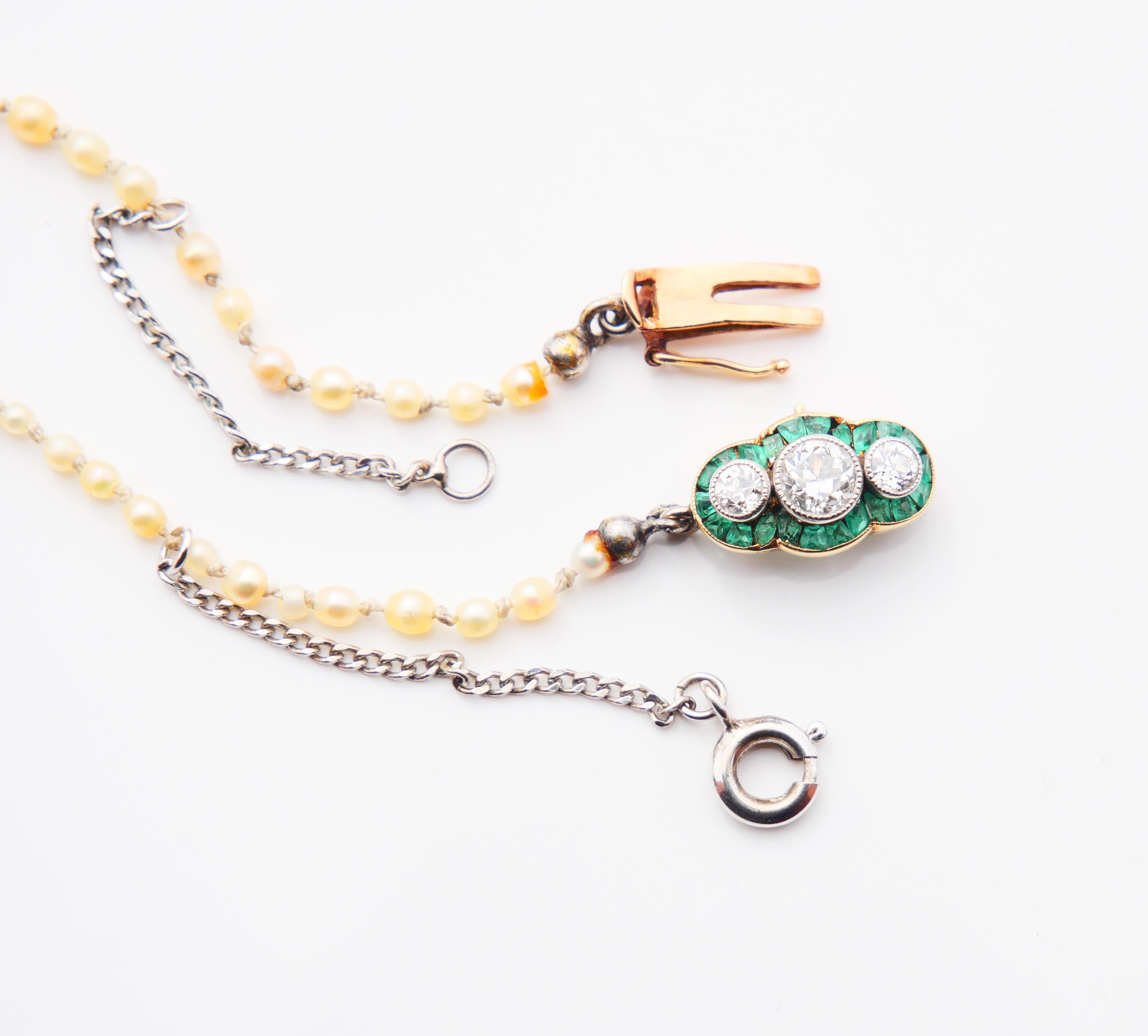 Antique Necklace Natural Pearls Diamonds Emeralds solid 18K Gold /40cm/ 5.6gr For Sale 5