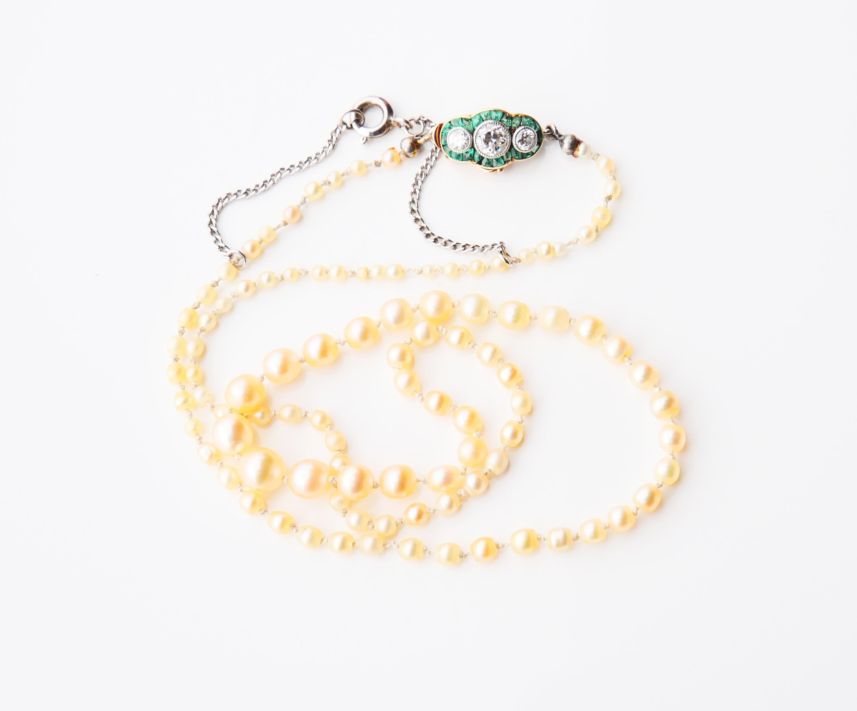 Art Nouveau Antique Necklace Natural Pearls Diamonds Emeralds solid 18K Gold /40cm/ 5.6gr For Sale