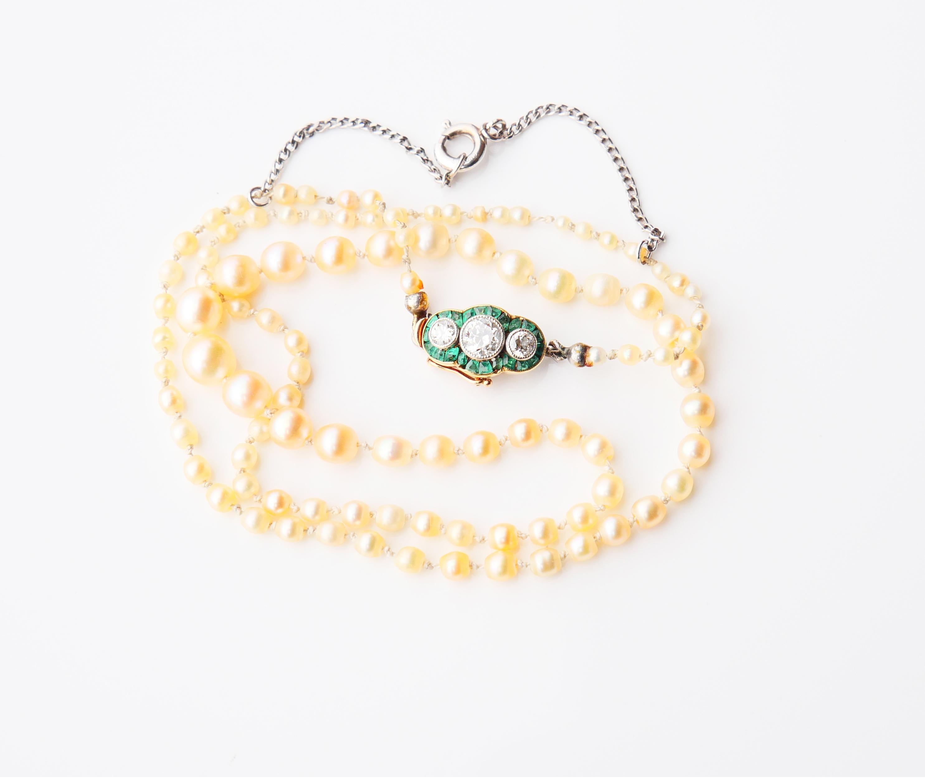 Old European Cut Antique Necklace Natural Pearls Diamonds Emeralds solid 18K Gold /40cm/ 5.6gr For Sale