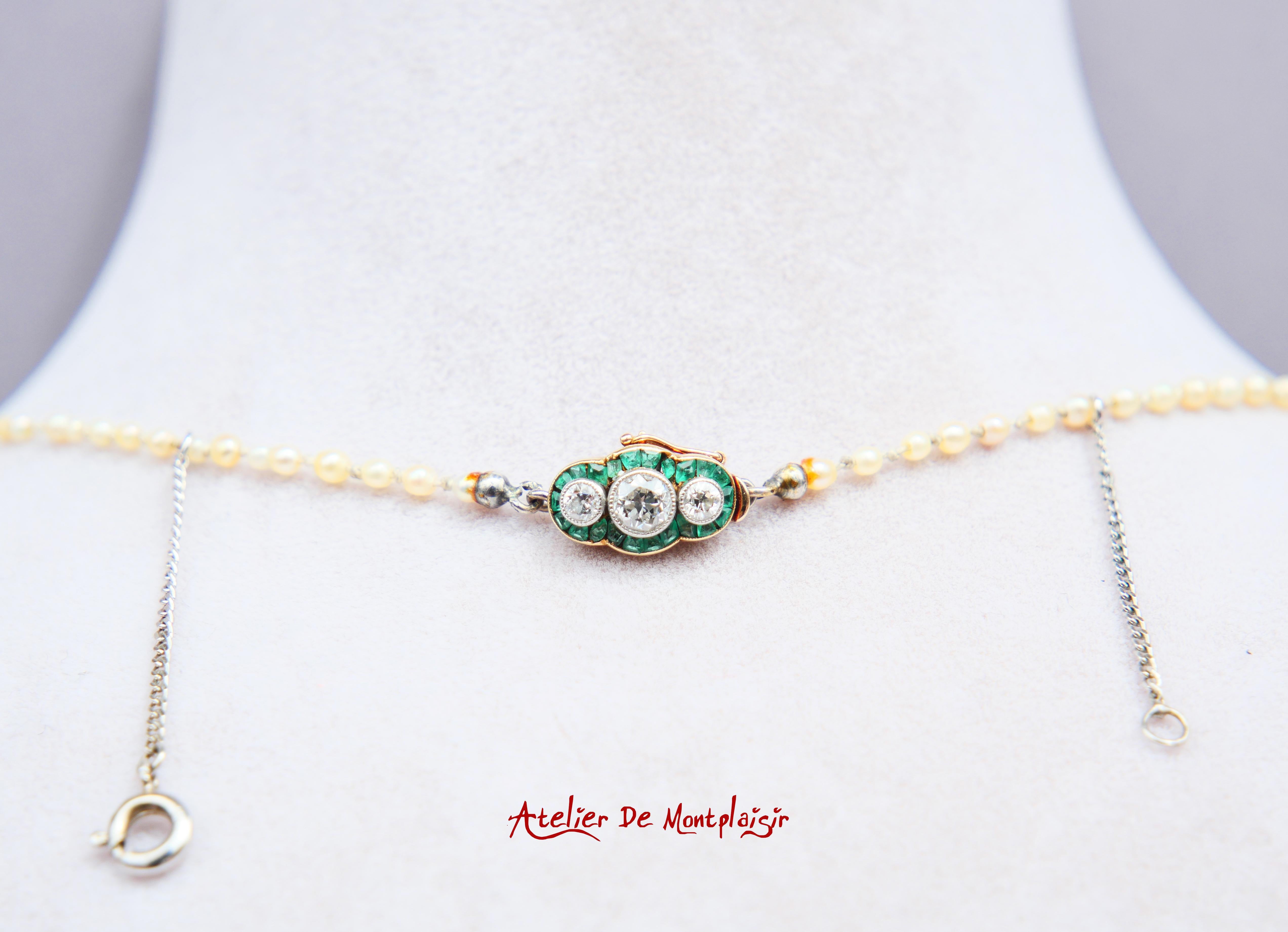 Antique Necklace Natural Pearls Diamonds Emeralds solid 18K Gold /40cm/ 5.6gr For Sale 2