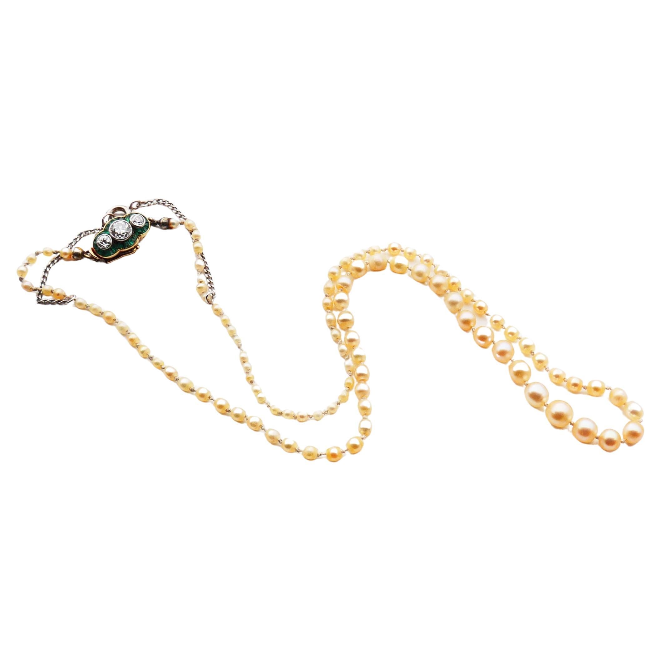 Antique Necklace Natural Pearls Diamonds Emeralds solid 18K Gold /40cm/ 5.6gr For Sale