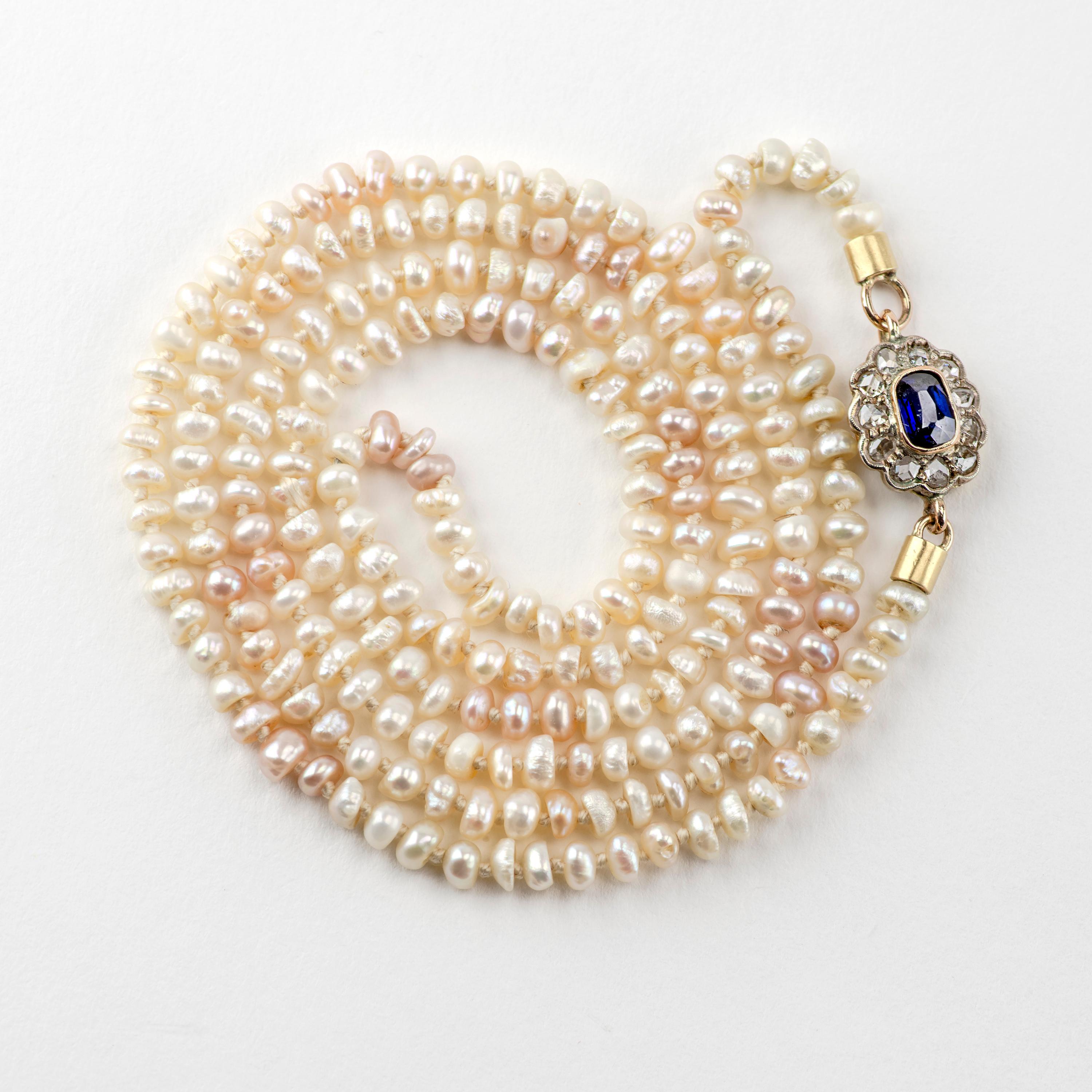 Early Victorian Basra Sea Pearl Necklace with Sapphire and Diamond Clasp