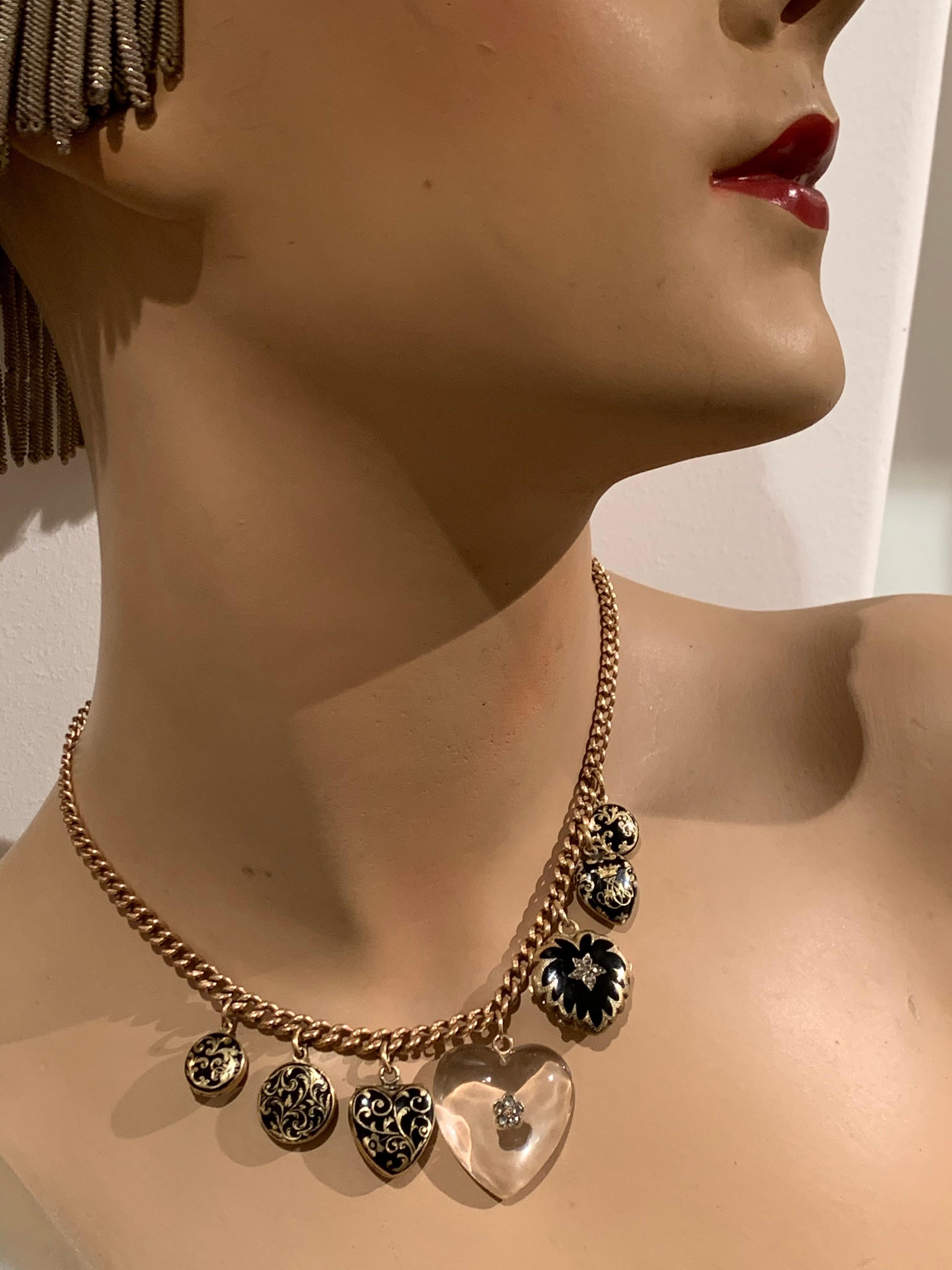 Antique Hearts Lockets Pendants Necklace Rock Crystal Diamonds Enamel   2