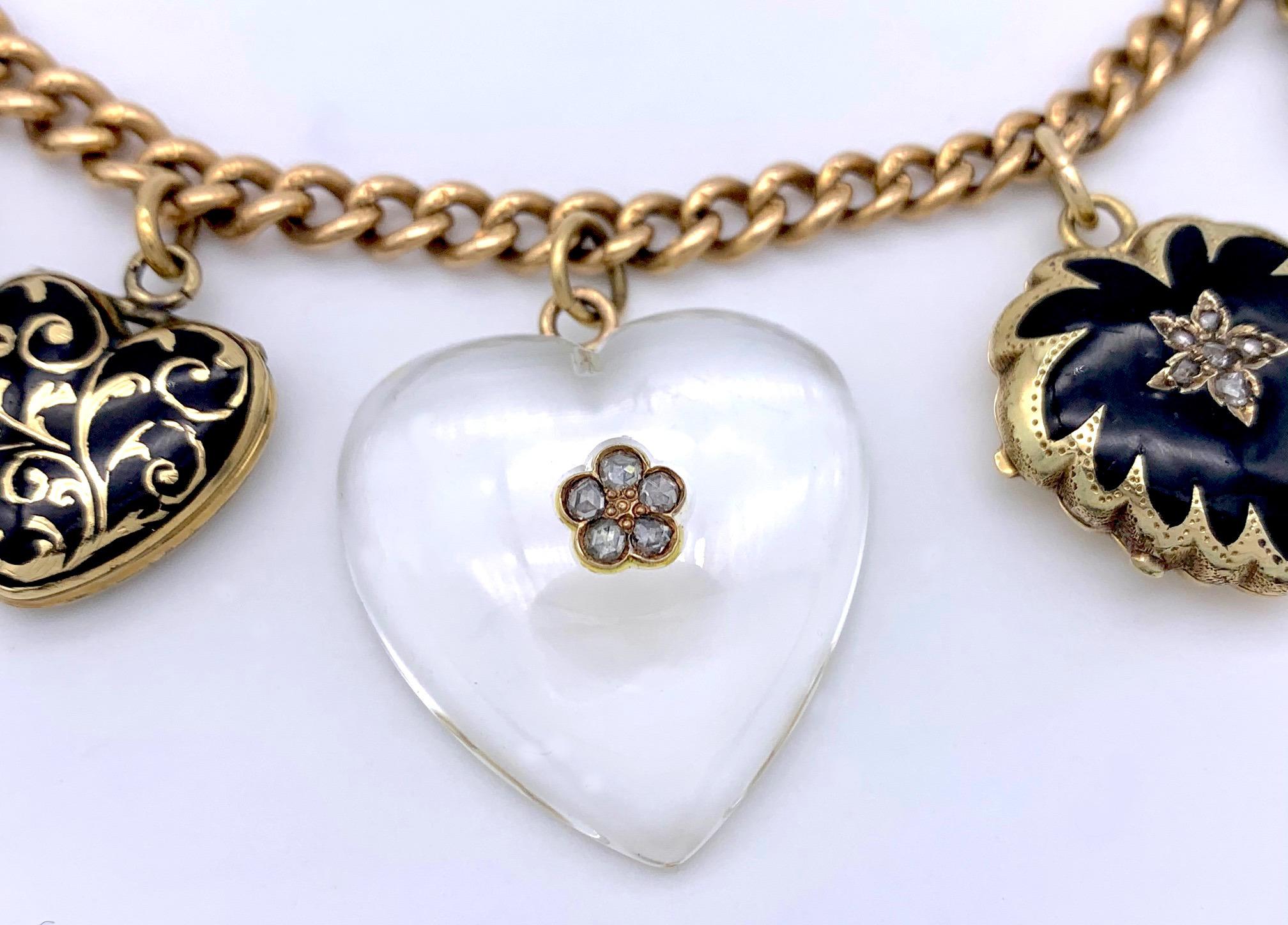Victorian Antique Hearts Lockets Pendants Necklace Rock Crystal Diamonds Enamel  