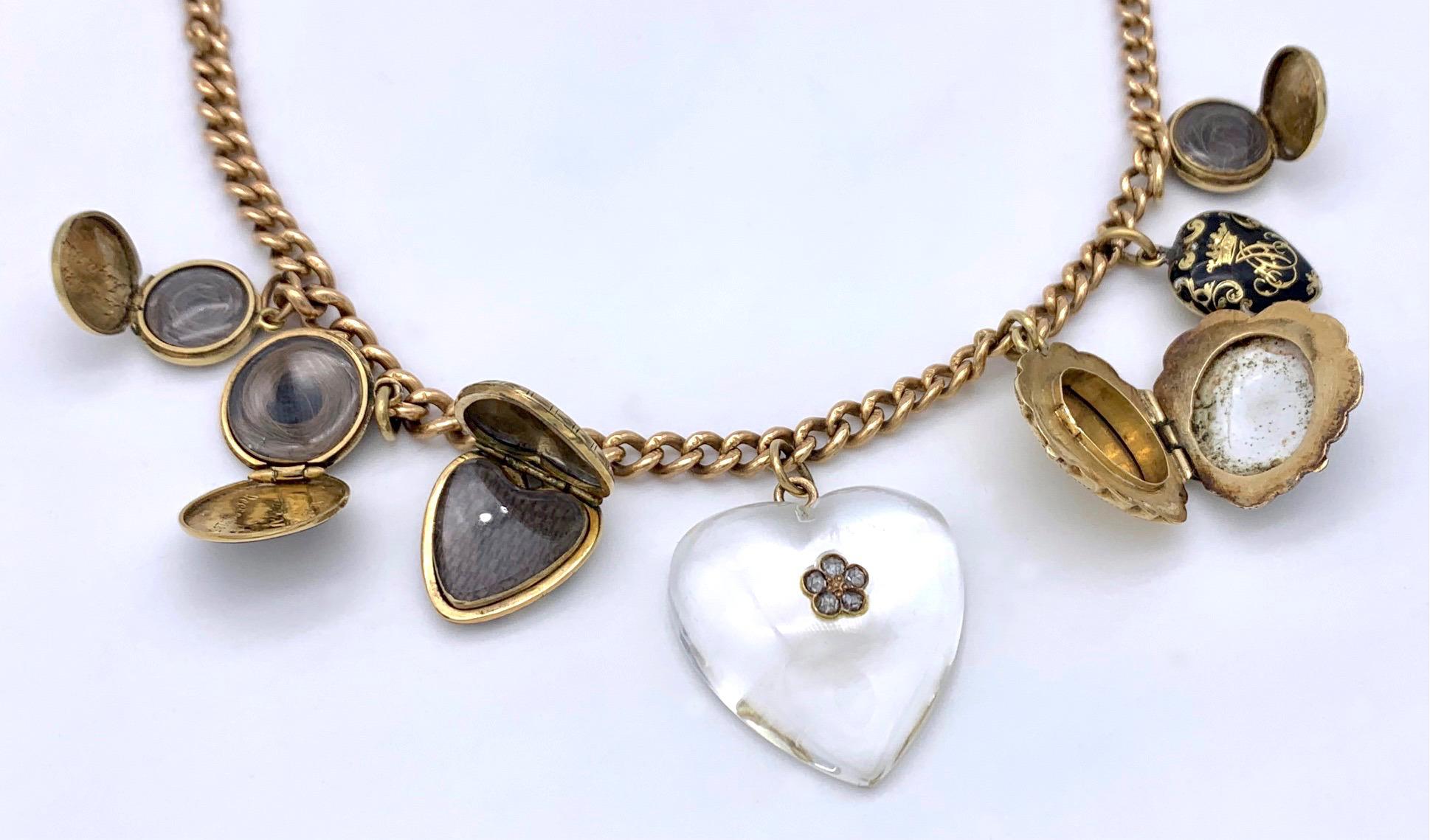 Old European Cut Antique Hearts Lockets Pendants Necklace Rock Crystal Diamonds Enamel  