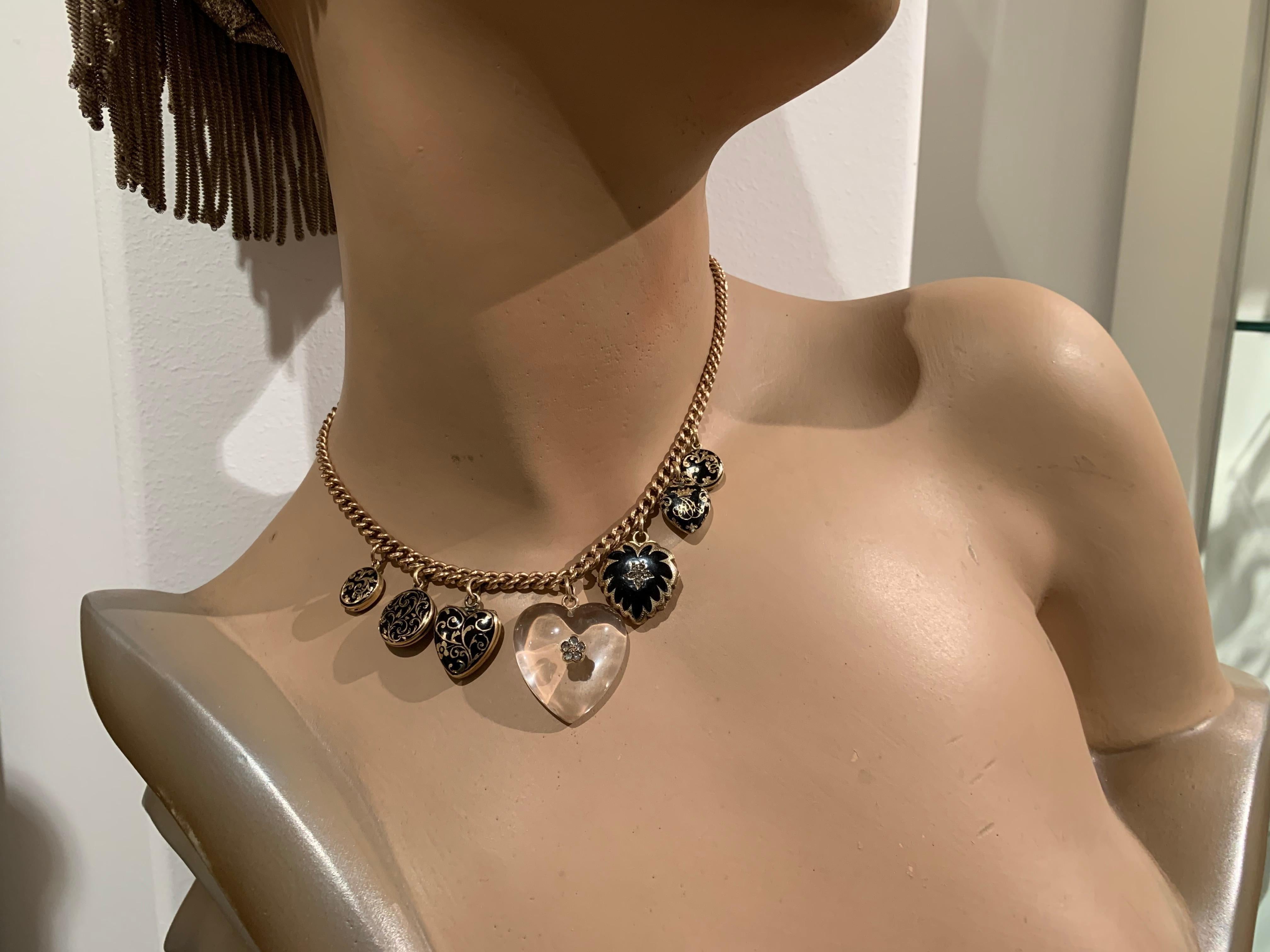 Women's Antique Hearts Lockets Pendants Necklace Rock Crystal Diamonds Enamel  