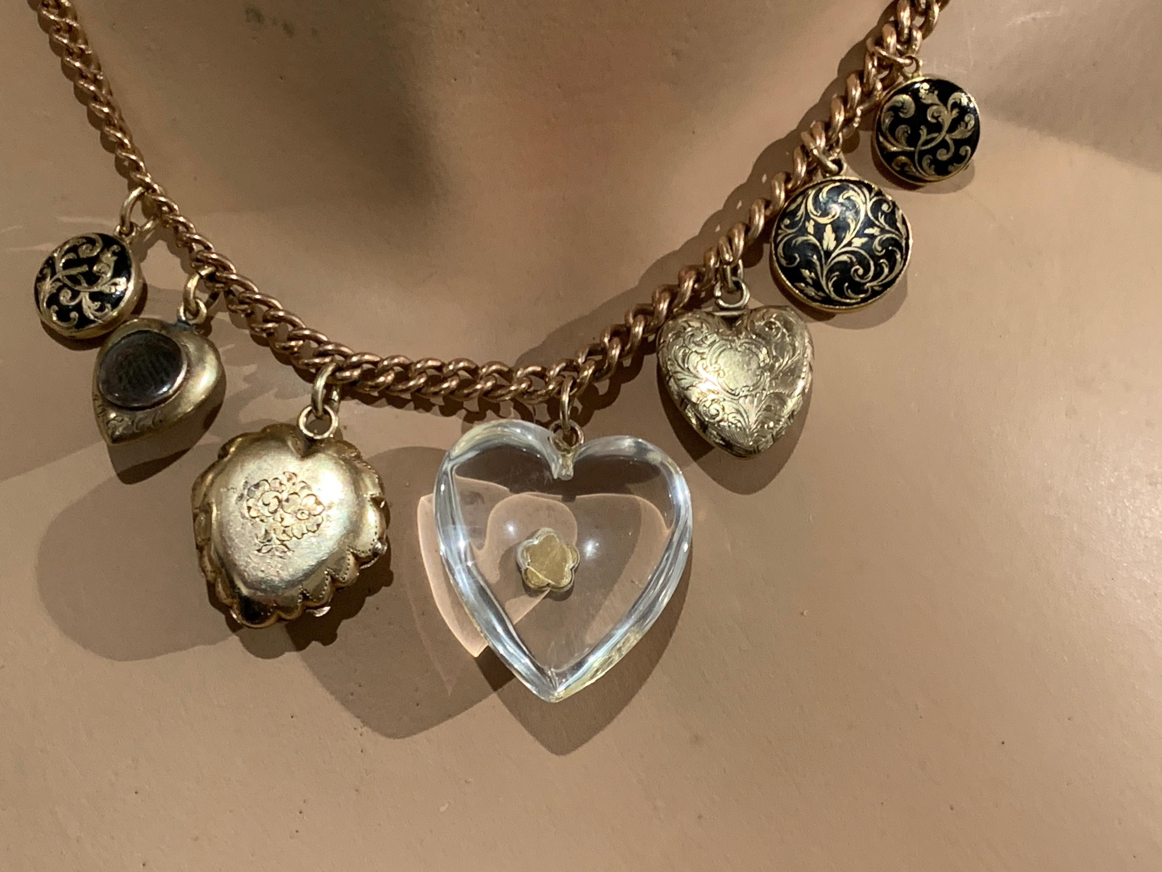 Antique Hearts Lockets Pendants Necklace Rock Crystal Diamonds Enamel   1